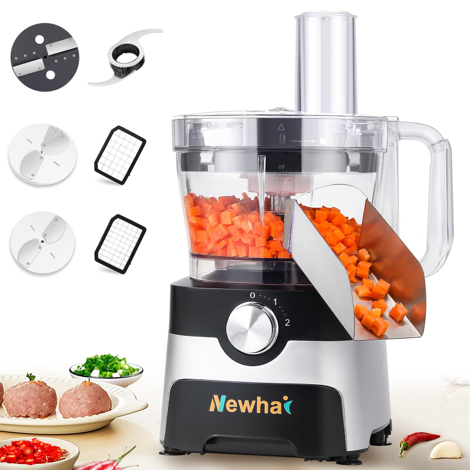 Newhai 5-in-1 Electric Food Processor - 600W Commercial Vegetable Dicer, Slicer, Shredder, Spring Onion Cutter & Meat Grinder with 4 Stainless Steel Blades (110V) - Perfect for Restaurants, Catering & Home Kitchen Meal Prep