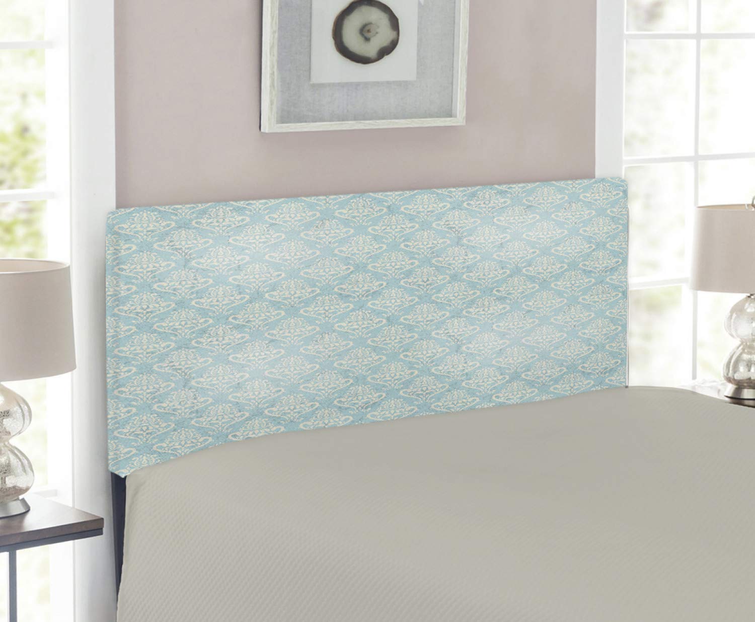 Ambesonne Turquoise Upholstered Headboard - Vintage Medieval Floral Abstract Pattern, Twin Size Blue-Grey Cream - Decorative Metal Bed Headboard with Memory Foam for Bedroom Decor | Perfect for Guest Rooms, Master Bedrooms & Bohemian Style Interiors