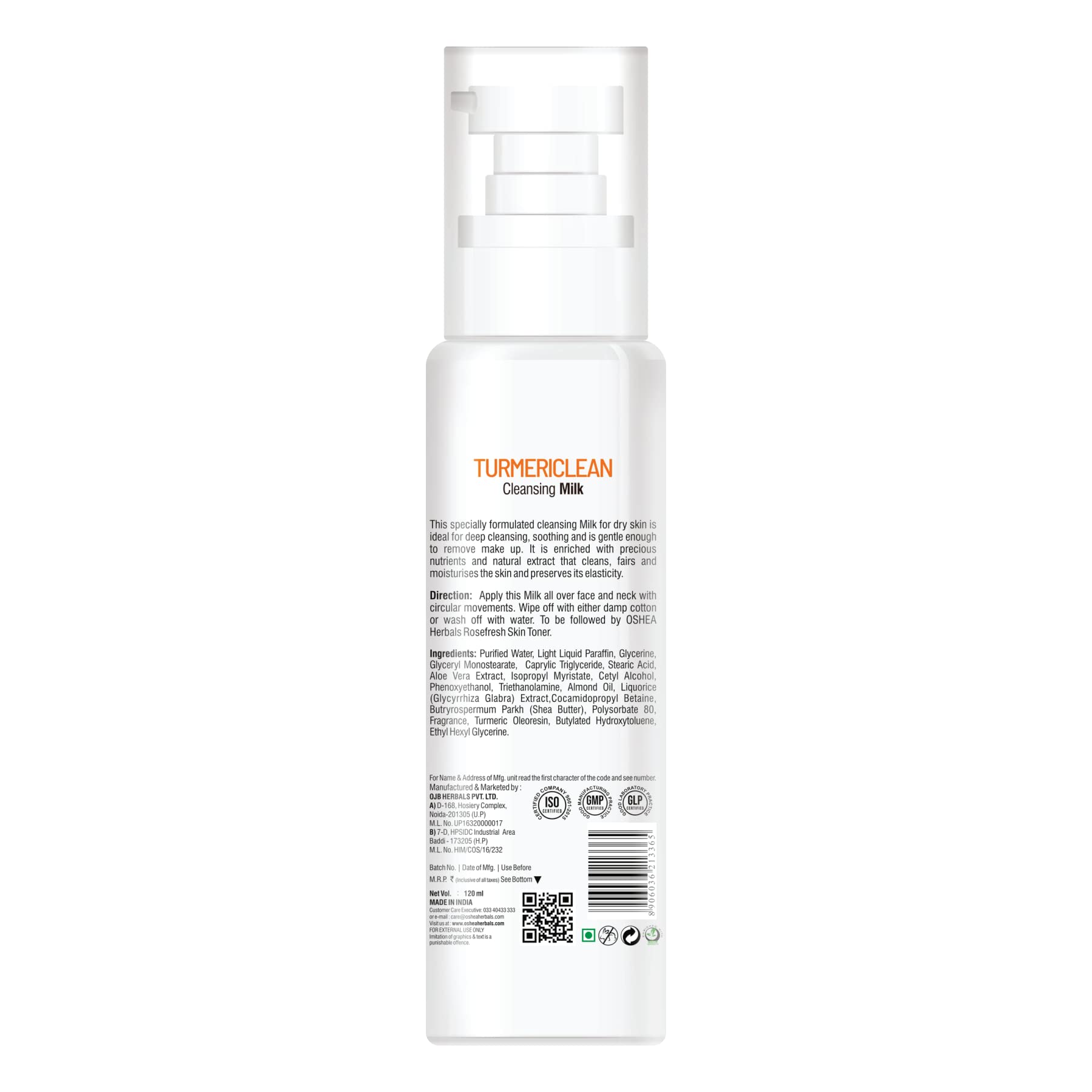 Oshea Herbals Turmeric & Licorice Cleansing Milk for Normal to Dry Skin | Deep Cleansing, Hydrating Face Wash | Turmeric Extract for Glowing Skin | Paraben-Free, Silicone-Free | 120g | Perfect for Daily Skincare Routine & Post-Makeup Removal