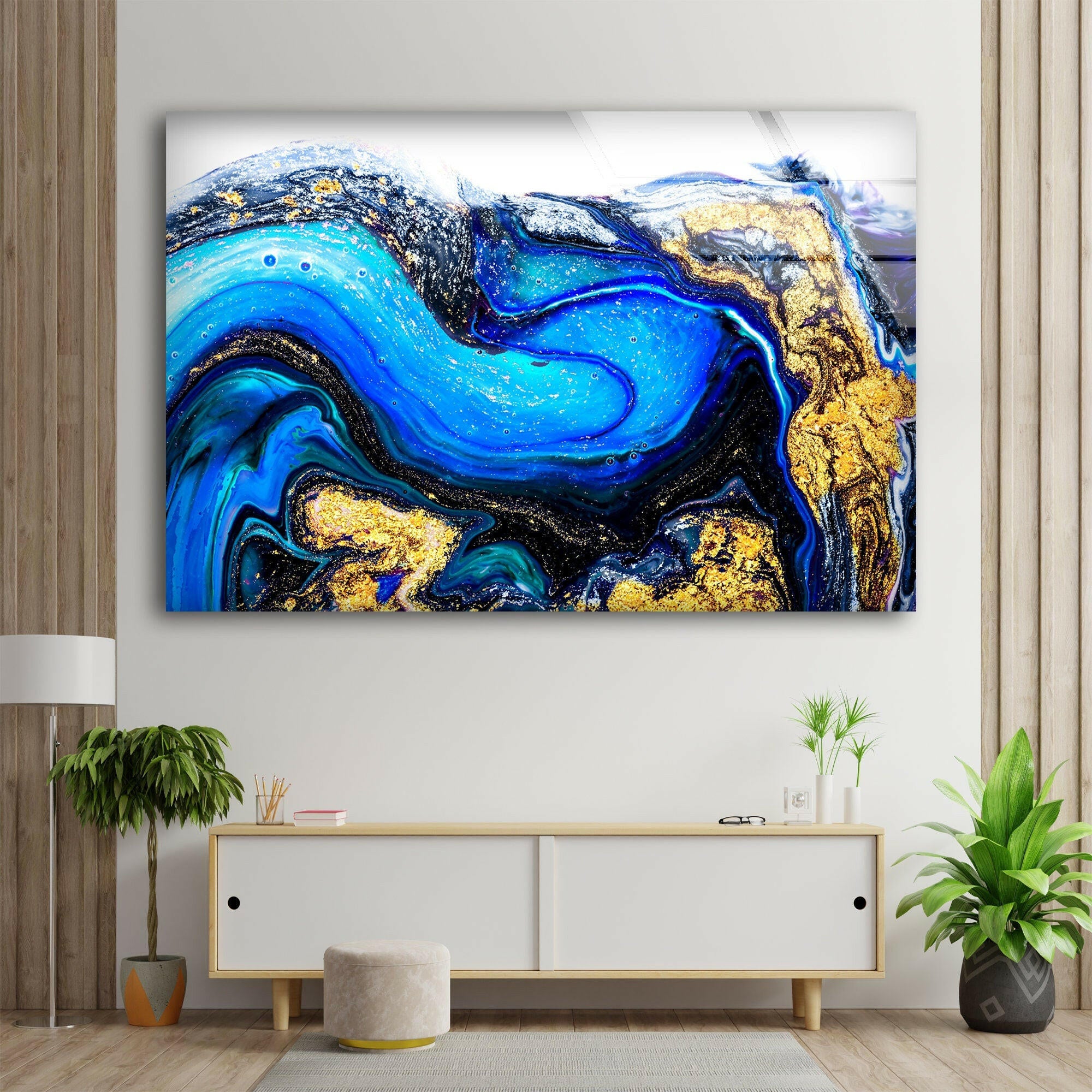 Blue Gold Marble Abstract Glass Wall Art - Modern Home Decor for Living Room, Bedroom & Office - Elegant Handmade Glass Panel for Contemporary Interior Design