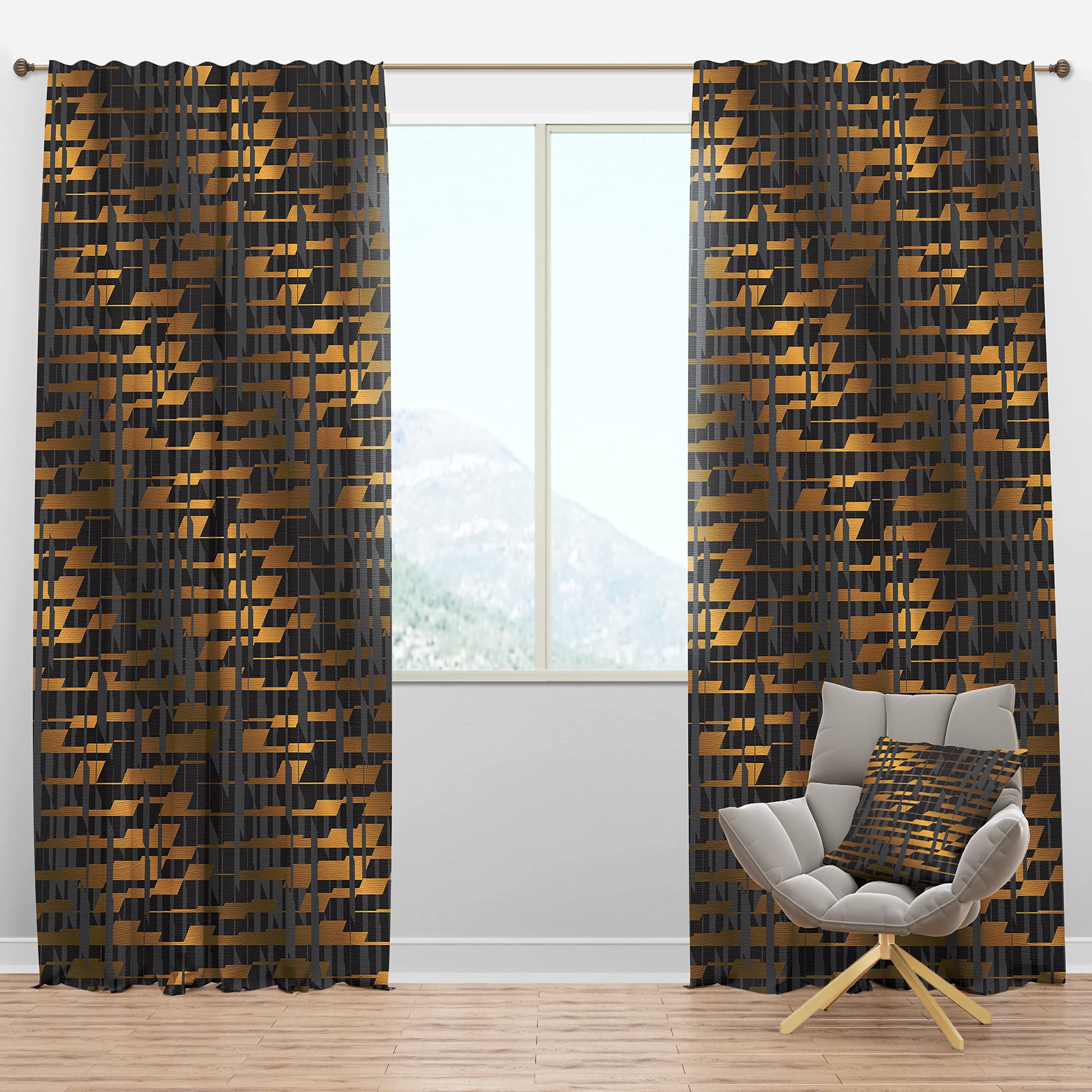 DesignQ Blackout Curtains - Gold Checkered Thermal Insulated Single Panel (52x90 inches) for Bedroom & Living Room - Noise Reducing & Energy Saving Window Drapes for Better Sleep & Privacy