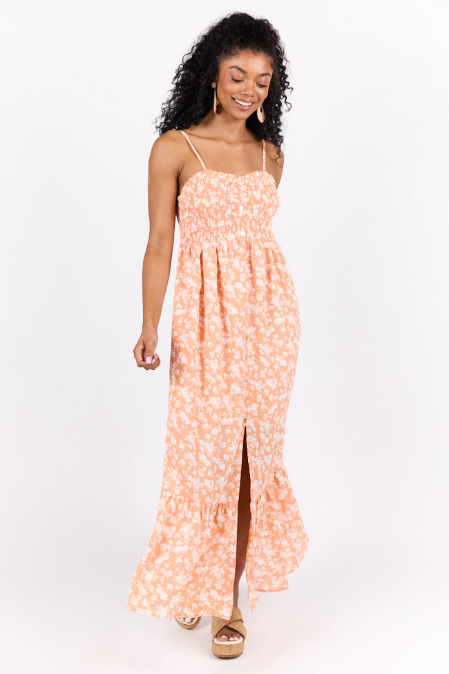 Blooming Beauty Orange Ditsy Floral Midi Dress - Women's Summer Casual Flowy Dress with Short Sleeves | Perfect for Beach Vacations, Garden Parties & Date Nights