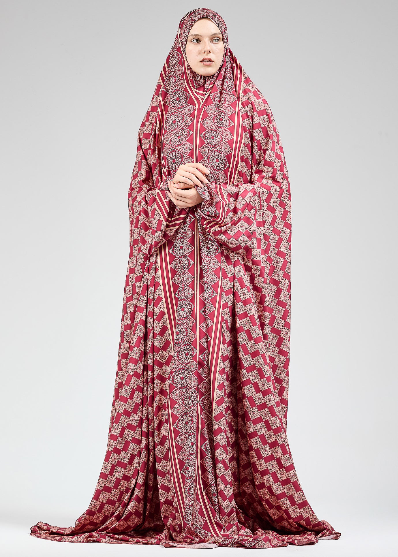 Basira Satin Prayer Gown with Geometric Floral Print - Modest Islamic Dress for Hijab Wearers - Perfect for Salah, Eid, and Special Occasions