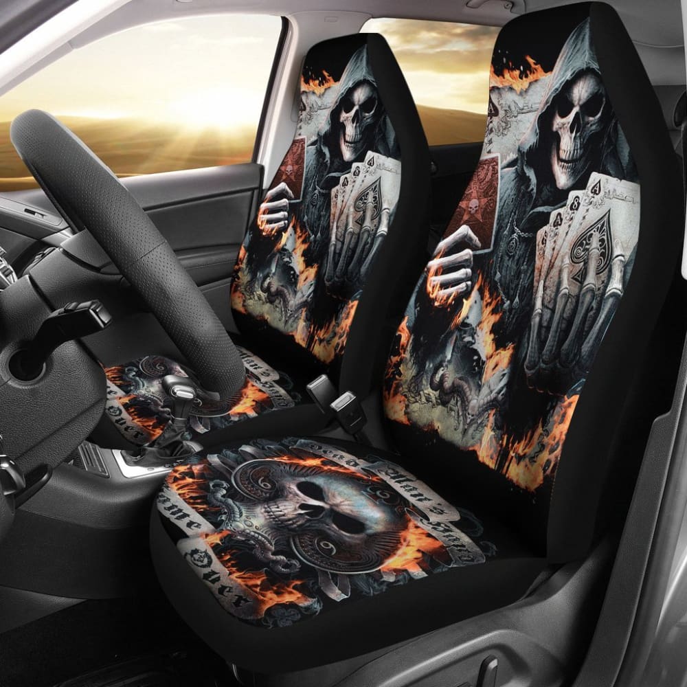 2 Pcs Grim Reaper Skull Girl Car Seat Covers - Gothic Horror Decor for Halloween, Cosplay & Car Accessories - Perfect for Themed Parties, Car Shows & Horror Fans