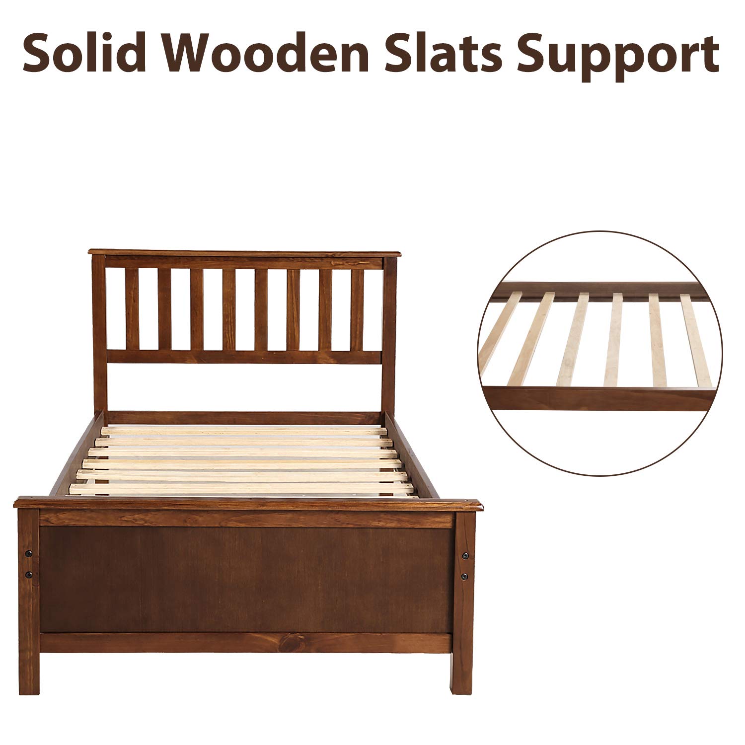 MERITLINE Solid Wood Twin Bed Frame with Headboard & Footboard - No Box Spring Needed, Walnut Finish - Perfect for Kids Rooms, Guest Bedrooms & Small Spaces