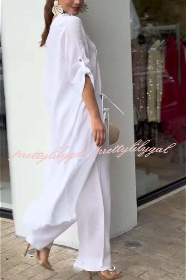 Tehla Linen Blend Ring Tie Up Detail Midi Blouse & Elastic Waist Pocketed Loose Pants Set - Women's Casual Outfit for Summer, Beach, and Office Wear