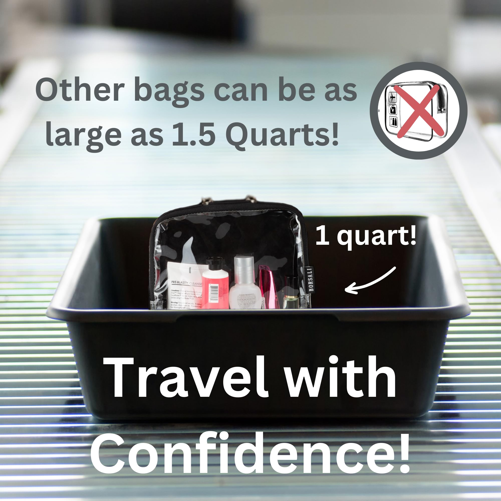 BORSALI TSA Approved Quart Size Clear Toiletry Bag for Air Travel - 1 Quart Capacity Cosmetic & 3-1-1 Liquids Organizer with Handle (Black) - Perfect for Carry-On Luggage & Airport Security Compliance