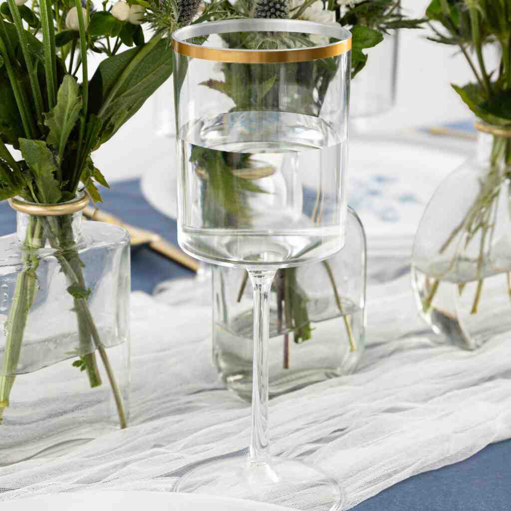 14 Oz Clear and Gold Plastic Stemmed Wine Goblets - Set of 5 Shatterproof Cups for Parties, Weddings, and Outdoor Events