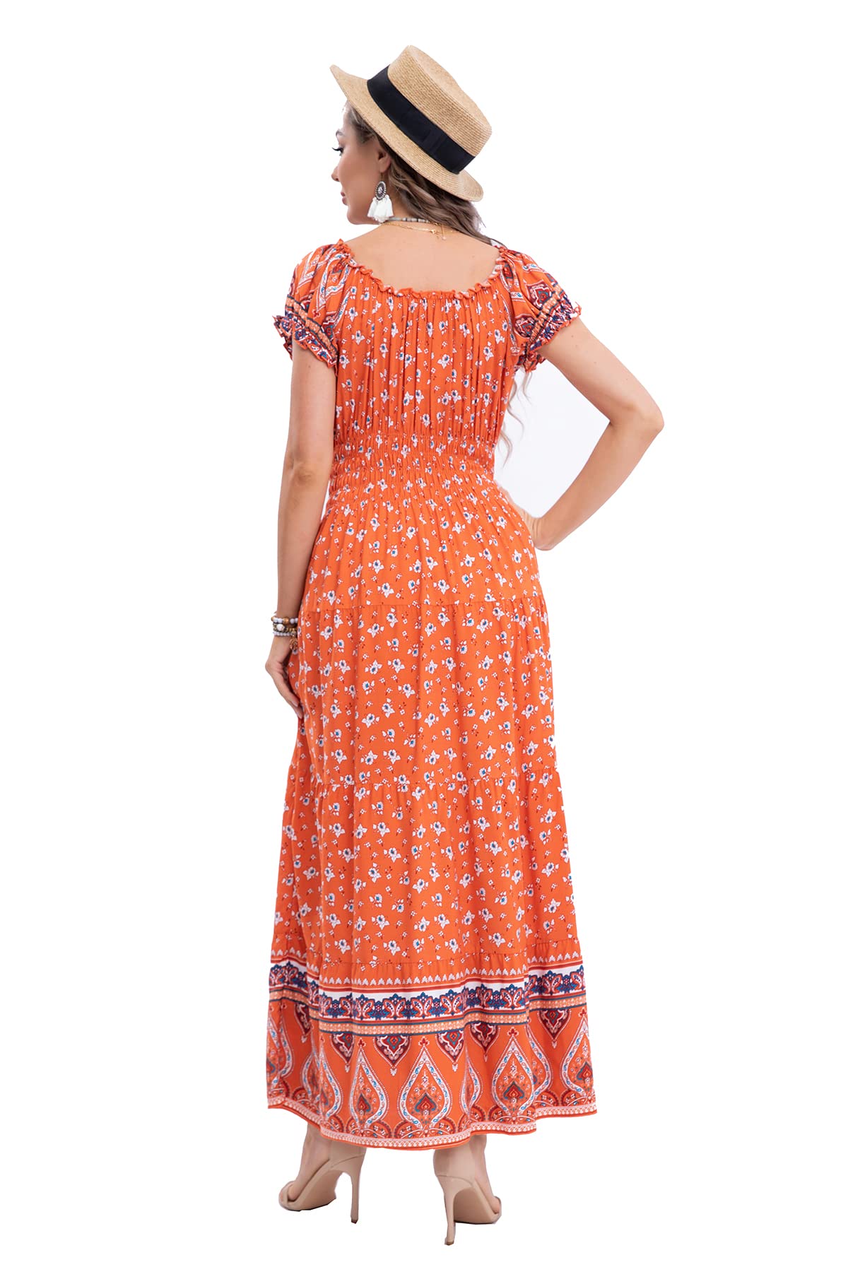 OSTOO Women's 2025 Summer Floral Maxi Dress - Boho Tiered Long Dress with Short Sleeves, Casual Flowy Beach Dress for Vacation, Party & Everyday Wear