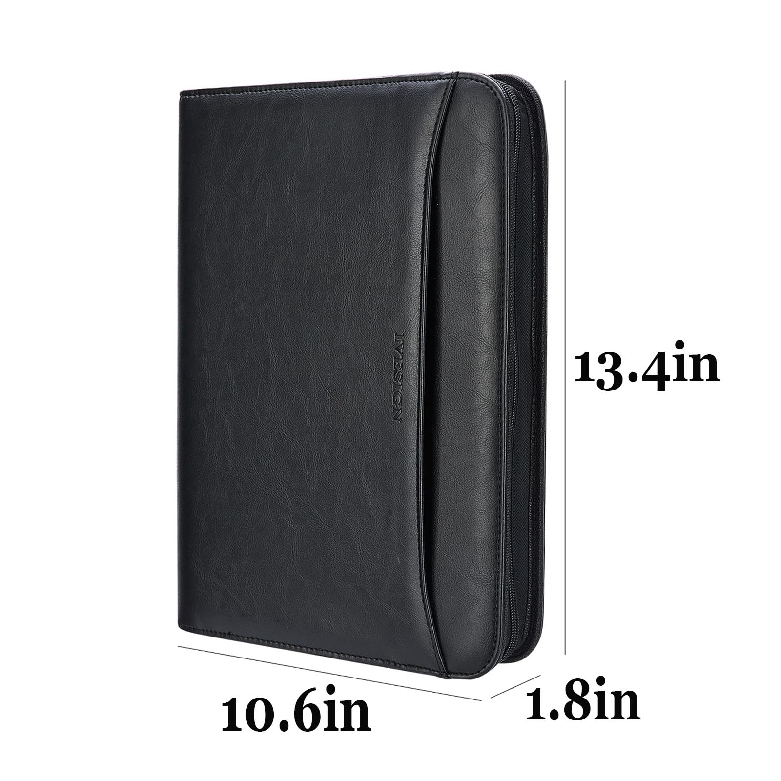 IVESIGN Zippered Padfolio Binder - Faux Leather 3-Ring Organizer with Business Card Slots & Document Folders | Left-Handed Design for Professionals | Perfect for Office, Meetings & Business Travel (Black)