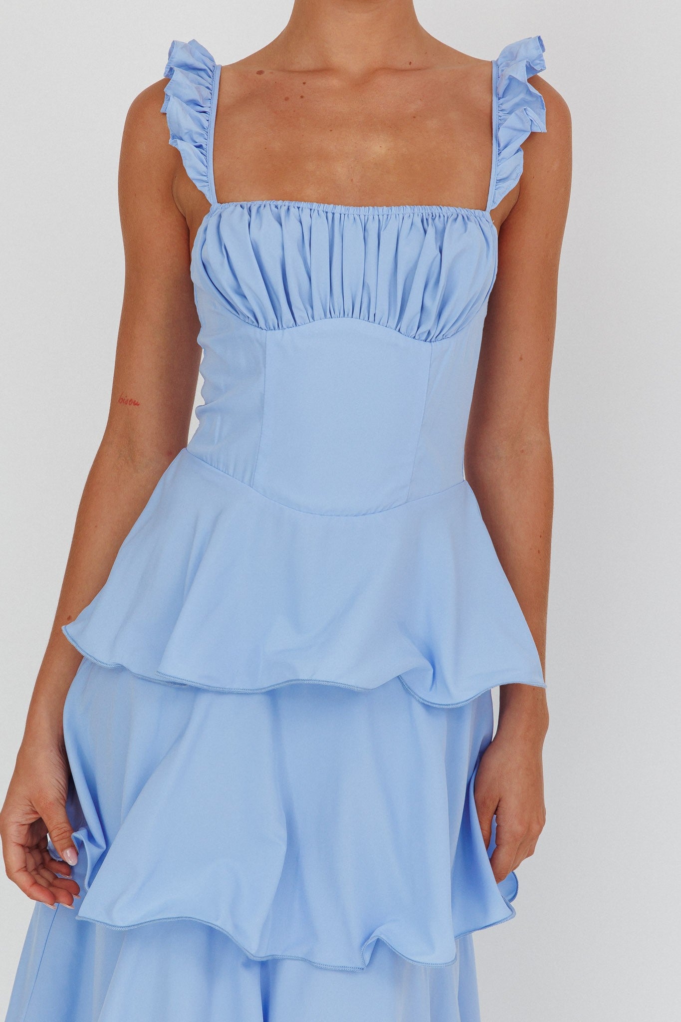 Lily Ruffle Strap Tiered Maxi Dress in Baby Blue | Flowy Summer Beach Dress for Women | Perfect for Vacations, Weddings & Date Nights