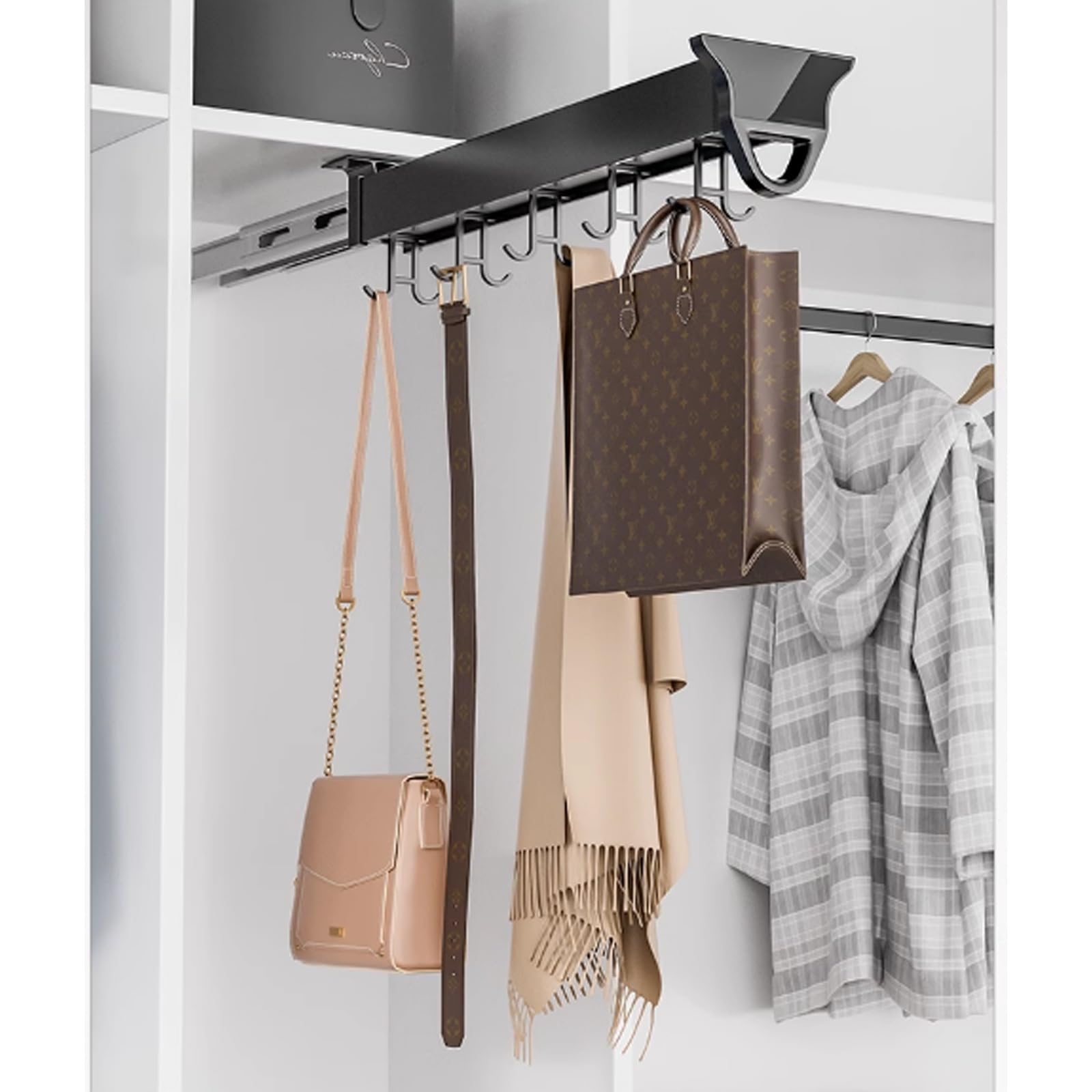 Heavy Duty Pull Out Mop Broom Holder & Organizer with 12-20 Hooks - Under Cabinet Sliding Pot Pan Organizer for Kitchen, Closet, Garage Storage - Perfect for Small Space Organization & Home Decluttering