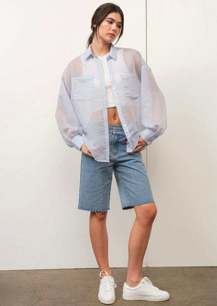 Sheer Striped Button Up Shirt for Women - Lightweight Summer Blouse with Long Sleeves - Perfect for Office, Casual Outfits and Beach Cover-Up
