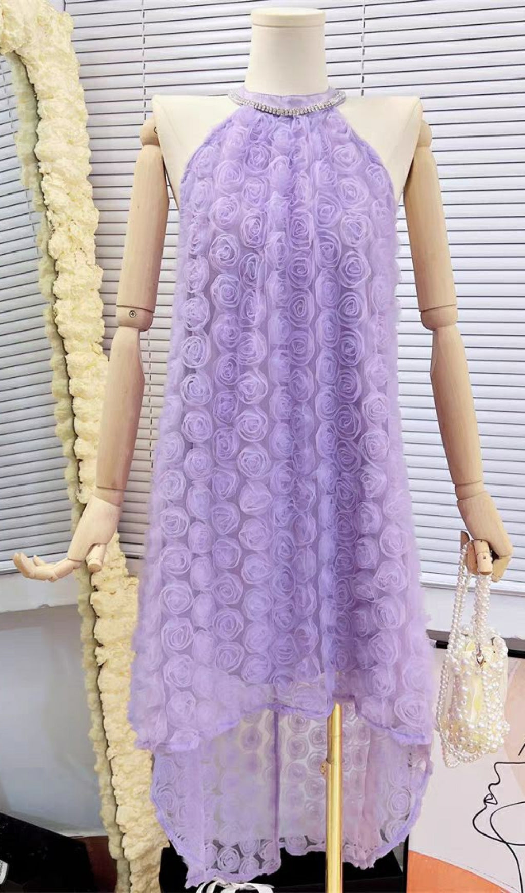 Elegant 3D Purple Rose Halter Neck Backless Midi Dress for Women - Perfect for Summer Parties, Weddings, and Special Occasions