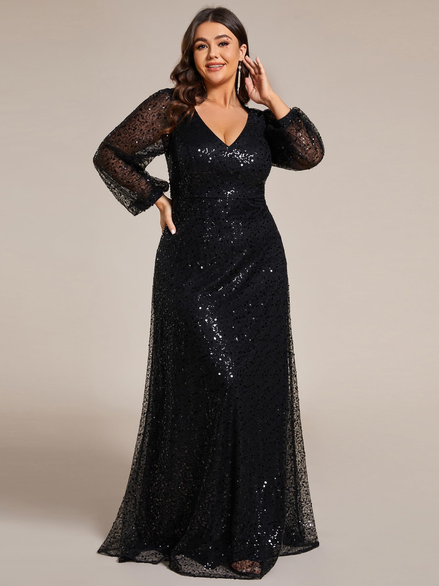 Ever-Pretty Women's Plus Size Sequin Formal Dress A-Line V-Neck Long Sleeve Sheer Evening Gown 01999-DA | Perfect for Prom, Wedding Guest, Cocktail Party & Special Occasions