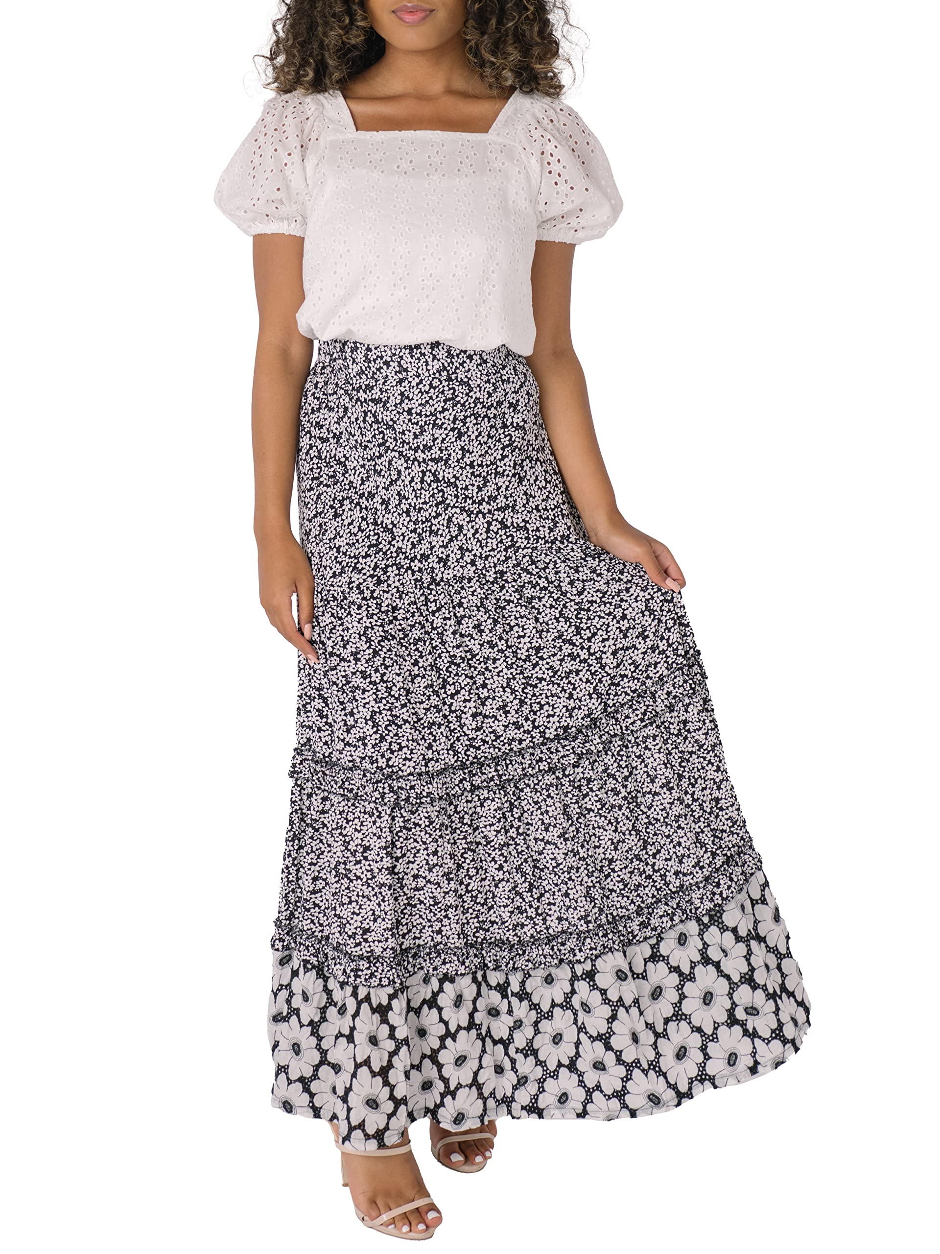 Black Floral Print Tiered Maxi Skirt for Women - Boho Summer Beach Dressy Long Skirt with Slit | Perfect for Vacations, Weddings & Date Nights