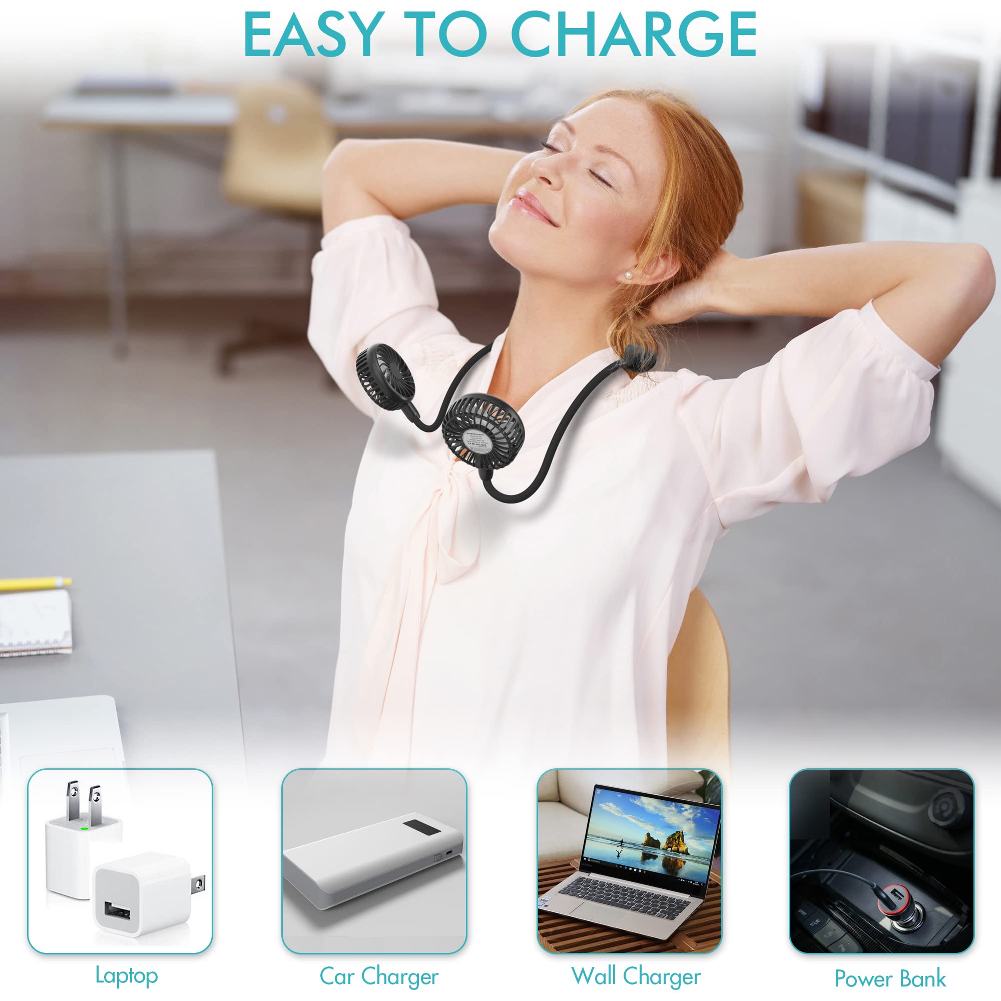 COMLIFE Portable Neck Fan - 2600mAh Rechargeable Battery, Ultra Quiet Hands-Free USB Personal Fan with 3 Speed Strong Wind, 360° Adjustable Flexible Wearable Cooling Fan for Office, Home, Outdoor, Travel & Gym - Black