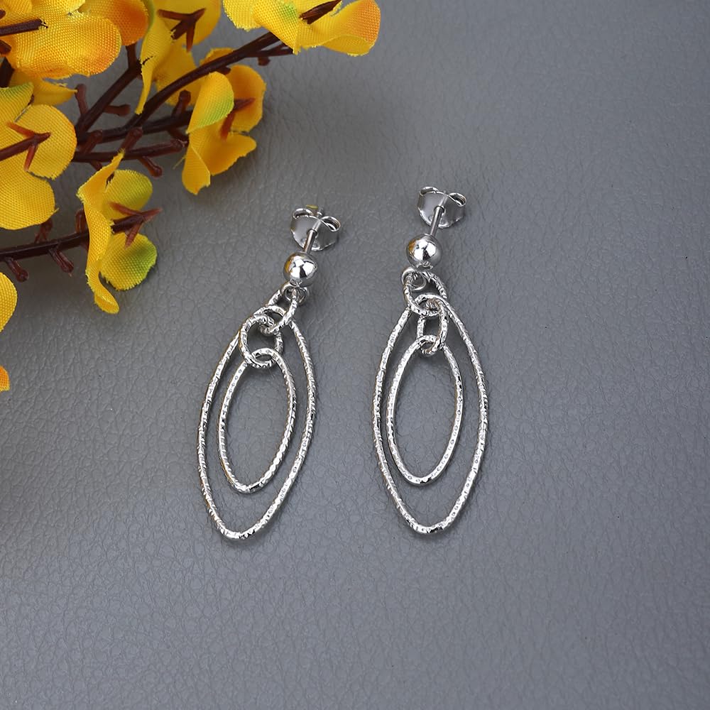 Vanbelle 925 Sterling Silver Rhodium Plated Diamond Cut Textured Interlinked Multi Oval Earrings for Women - Elegant Handcrafted Jewelry Gift for Birthday, Anniversary & Special Occasions