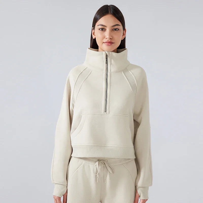 Women's Autumn Half-Zip Fleece Hoodie - Warm Stand Collar Pullover for Outdoor Sports & Casual Wear | Cozy Fall Layering Essential for Hiking, Running & Everyday Comfort