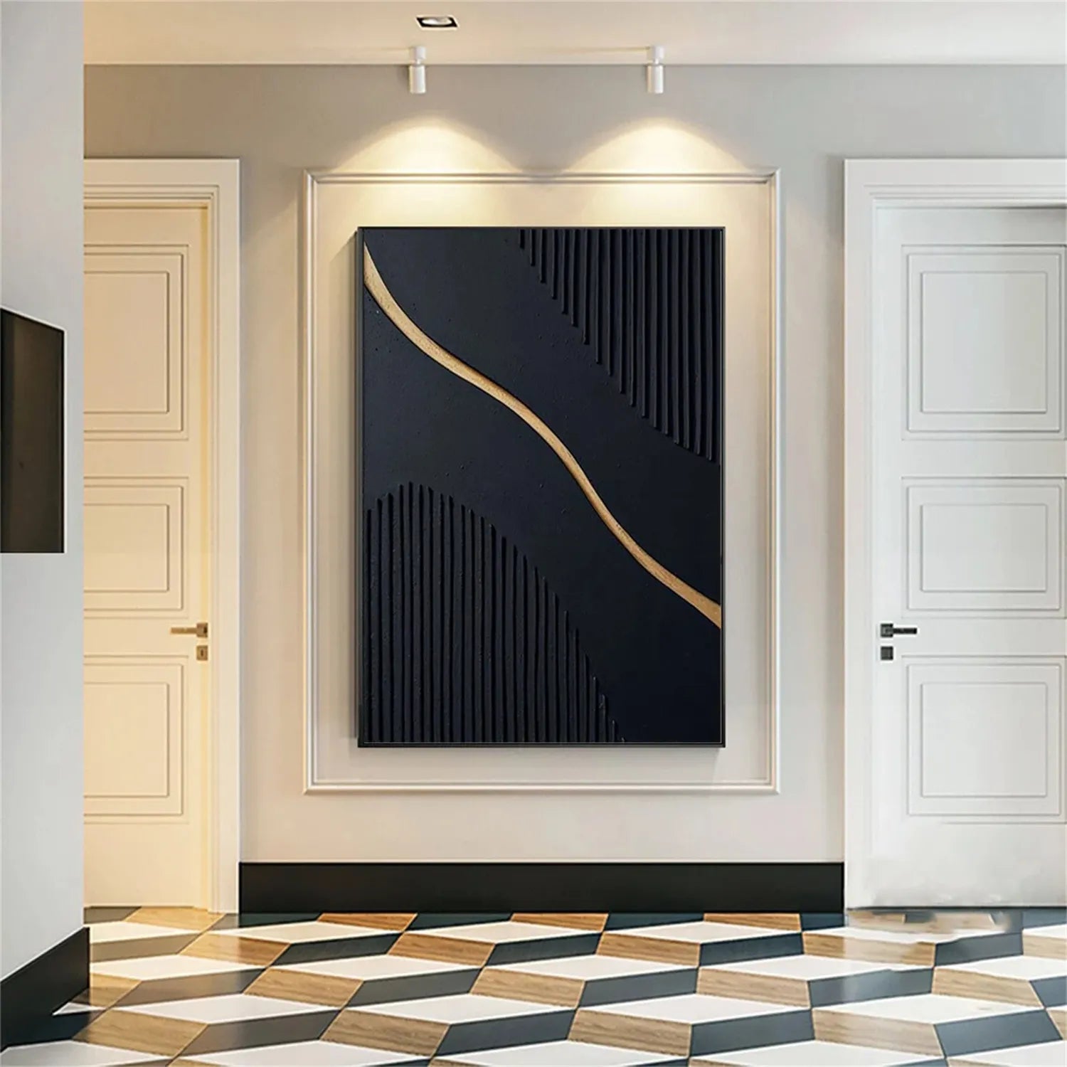 Black Gold Minimalist Textured Abstract Wall Art Painting #MZ098 - Modern Home Decor for Living Room, Bedroom & Office