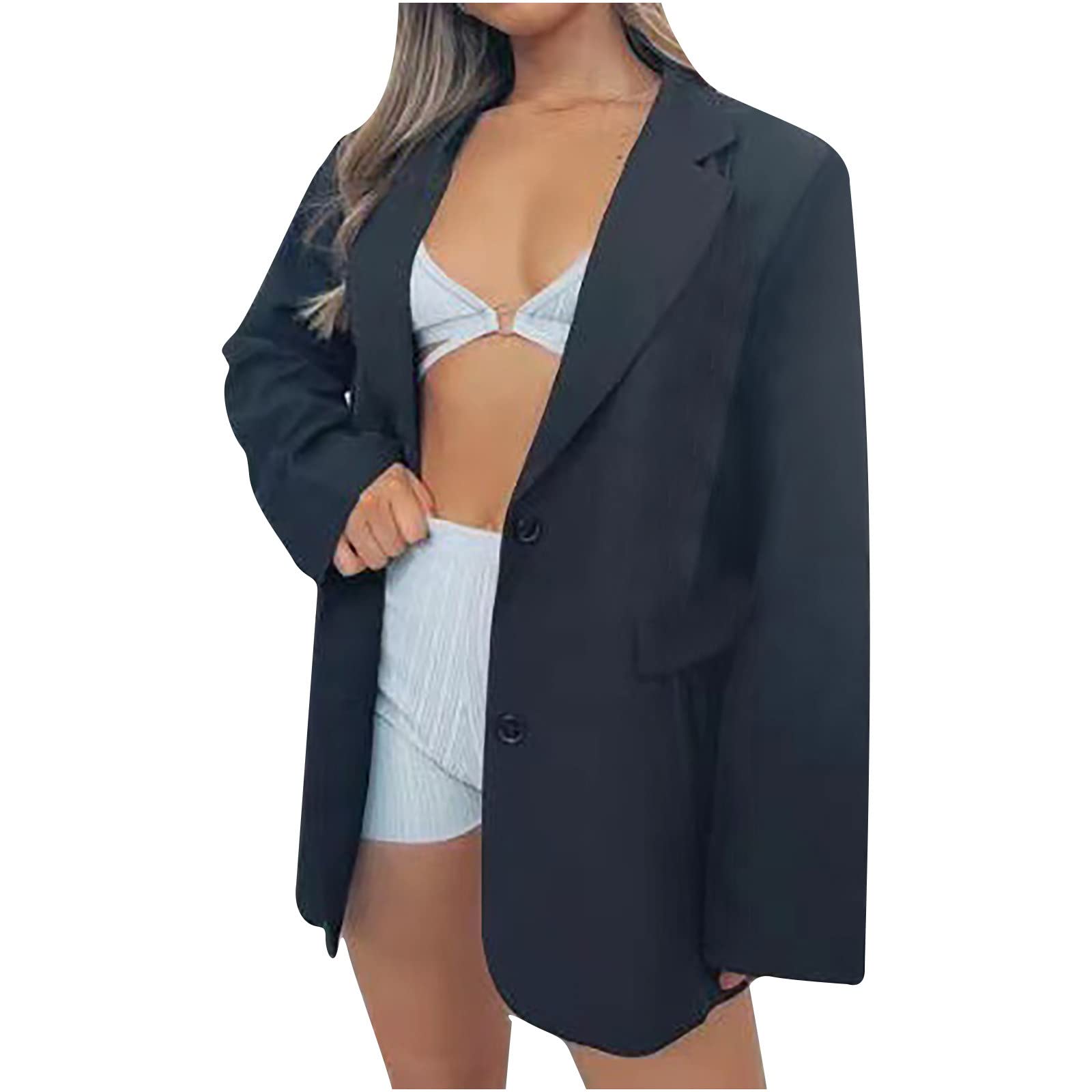 Trendy Women's Blazer Jacket - Solid Color Notched Lapel Office Blazer with Button Pocket | Casual Loose Fit Windbreaker | Perfect for Business Attire, Workwear & Smart Casual Outfits