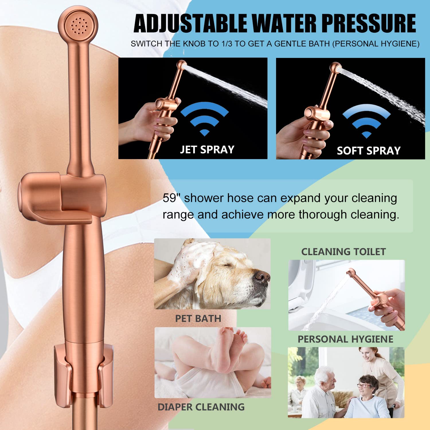 Handheld Bidet Sprayer for Toilet - Adjustable Rose Gold Brass Bidet Attachment with Jet Spray - Perfect for Personal Hygiene, Cloth Diaper Cleaning & Bathroom Use