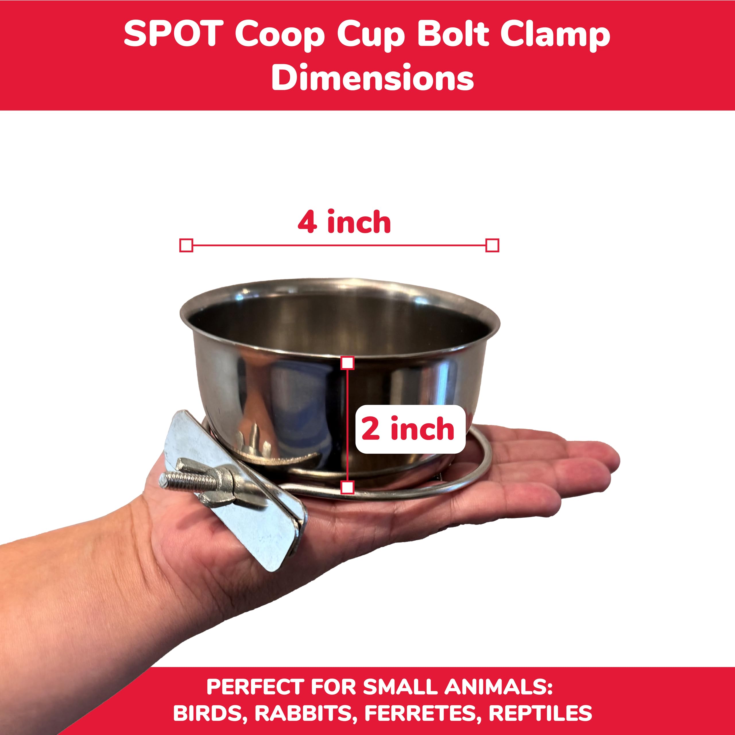 **SPOT Coop Cup Bolt Clamp - Stainless Steel Hanging Bowl for Crates | Removable, Chew-Proof Pet Feeding Dish | Ideal for Birds, Parrots, Rabbits, Ferrets & Reptiles | 1.25 Cups (10 Oz) | Perfect for Cages, Travel & Outdoor Use**