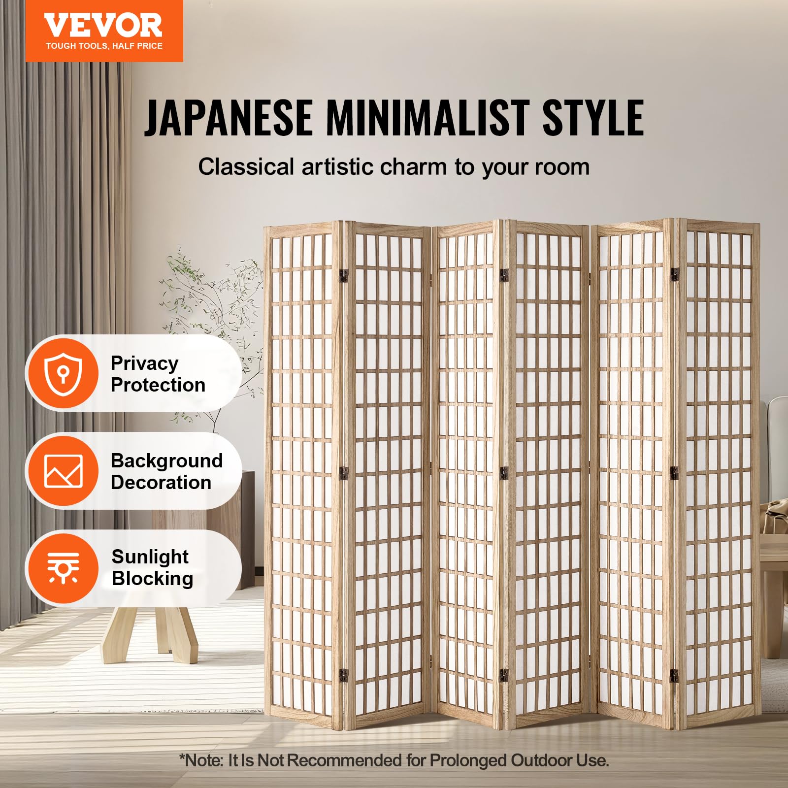 VEVOR 6-Panel Japanese Room Divider - Wooden Folding Privacy Screen for Indoor Use | Portable Partition for Home, Office, Restaurant & Bedroom | Perfect for Room Separation, Decoration, and Creating Private Spaces