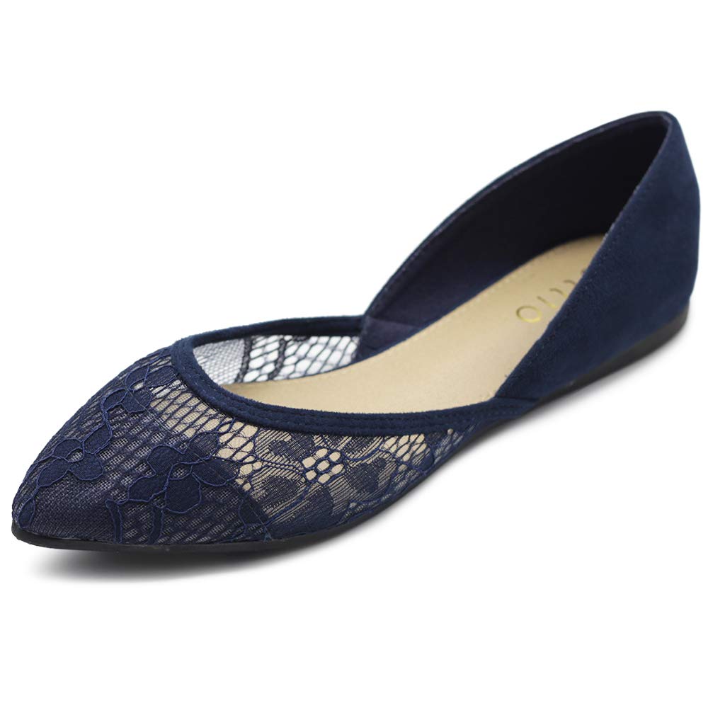 Ollio Women's Floral Lace Ballet Flats - Breathable Faux Suede Pointed Toe Shoes for Women | Comfortable Casual & Office Wear | Perfect for Spring, Summer, and Special Occasions
