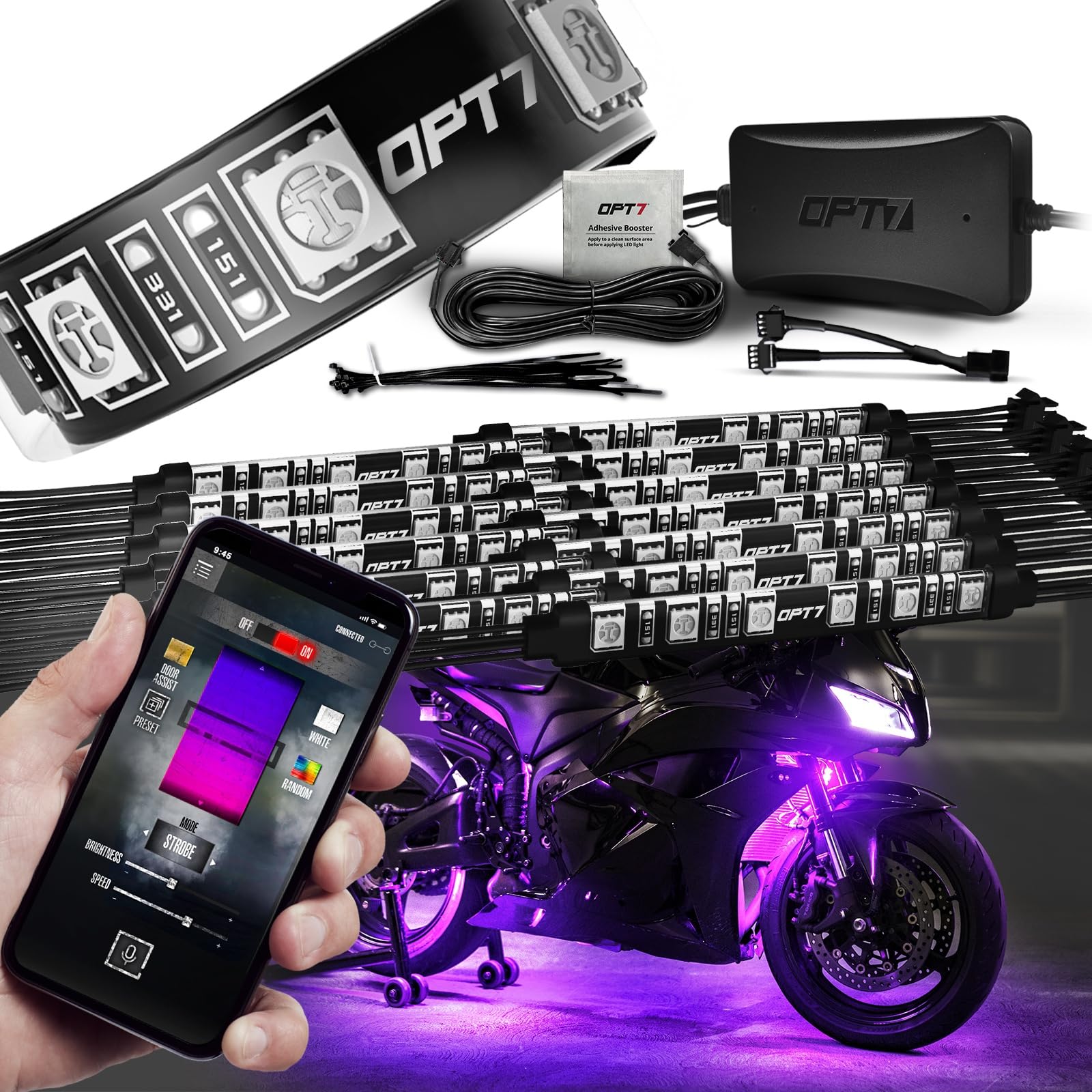 OPT7 Aura Pro Motorcycle LED Light Kit - Smart Brake & RGB Multi-Color Underglow Neon Lights with Bluetooth APP Control - 14pc Waterproof 12V LED Strips for Cruisers (iOS/Android Compatible) - Perfect for Night Riding, Bike Shows & Custom Motorcycle Lighting