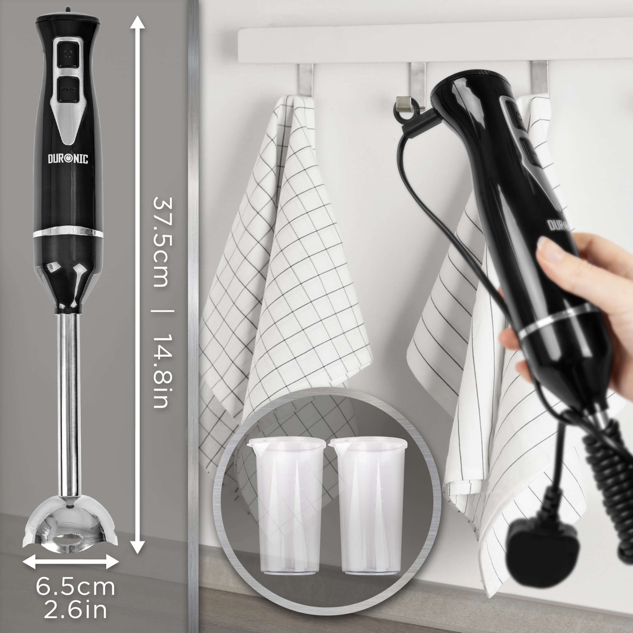 Duronic HB35C 350W Electric Hand Blender with Stainless Steel Blades | 40cm Immersion Stick Blender | 600ml Mixing Cup | Perfect for Baby Food, Smoothies, Soups & Baking | Lightweight & Powerful Kitchen Tool