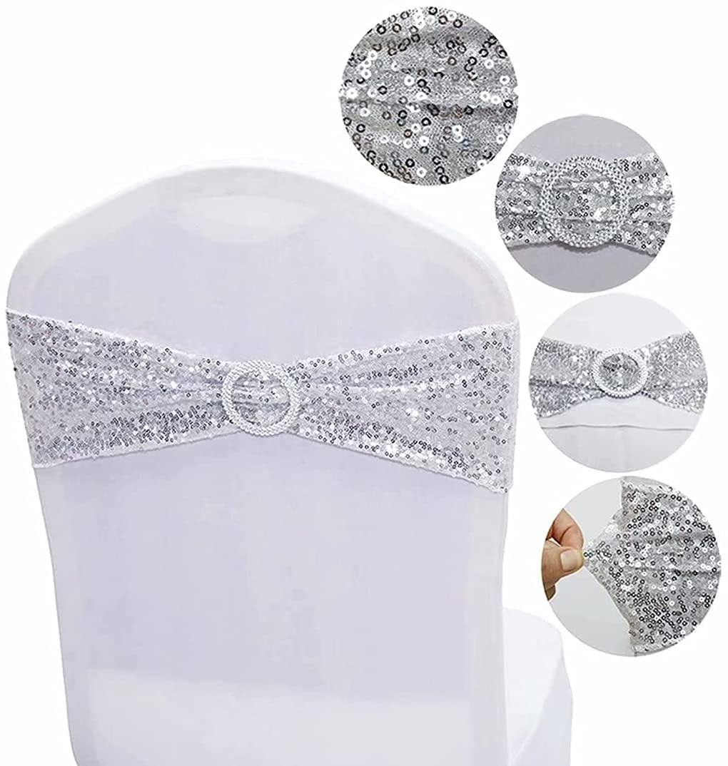 Sparkling NC Sequin Chair Sashes - Pack of 100 Stretch Spandex Chair Bands with Buckle for Wedding, Banquet, Birthday, Graduation, Anniversary & Prom Decorations - Elegant Party Chair Covers (Silver, 100pcs) - Perfect for Wedding Aisle Decor, Banquet Seating & Special Event Chair Decorations
