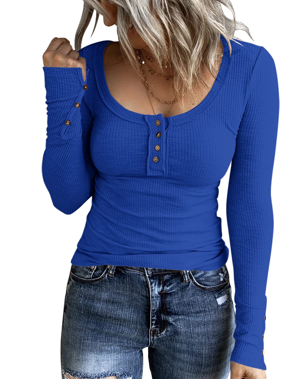 KINLONSAIR Women's Long Sleeve Henley T-Shirts | Slim Fit Button Down Ribbed Knit Tops | Casual Scoop Neck Shirt for Work, Date Night & Fall Layering