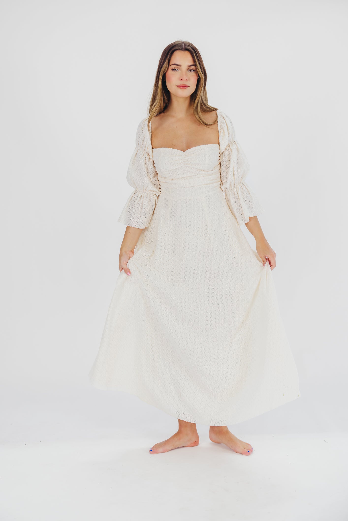 Corrine Tiered Sleeve Maxi Dress with Pockets in Ivory Cream - Bump Friendly Maternity Dress for Pregnancy, Nursing & Postpartum - Perfect for Baby Showers, Beach Vacations & Summer Weddings