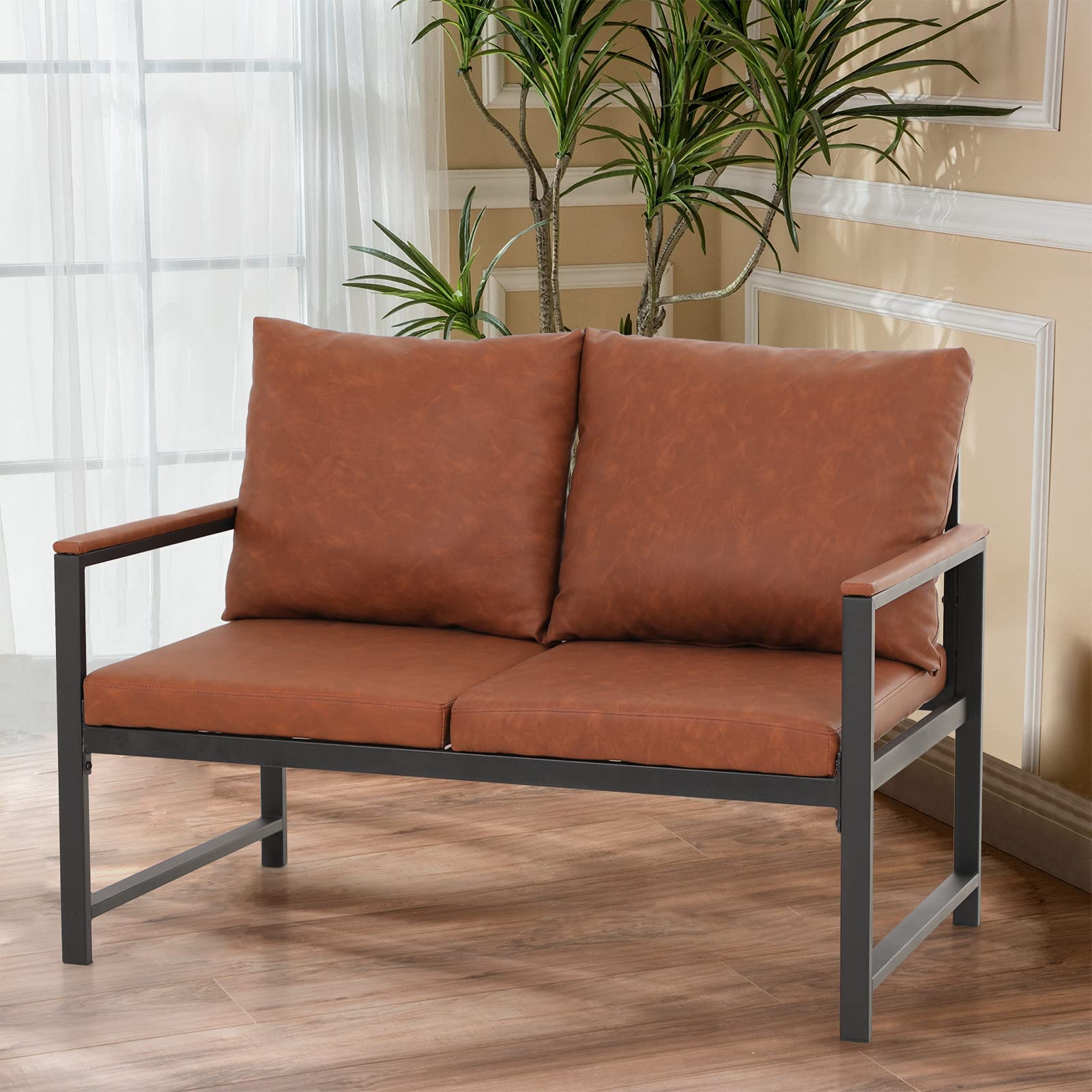 Sophia & William Loveseat Sofa - Modern Upholstered Sleeper Sofa Bed with PU Leather & Sturdy Metal Frame, Includes Pillow - Perfect for Living Room, Bedroom & Office (Brown)
