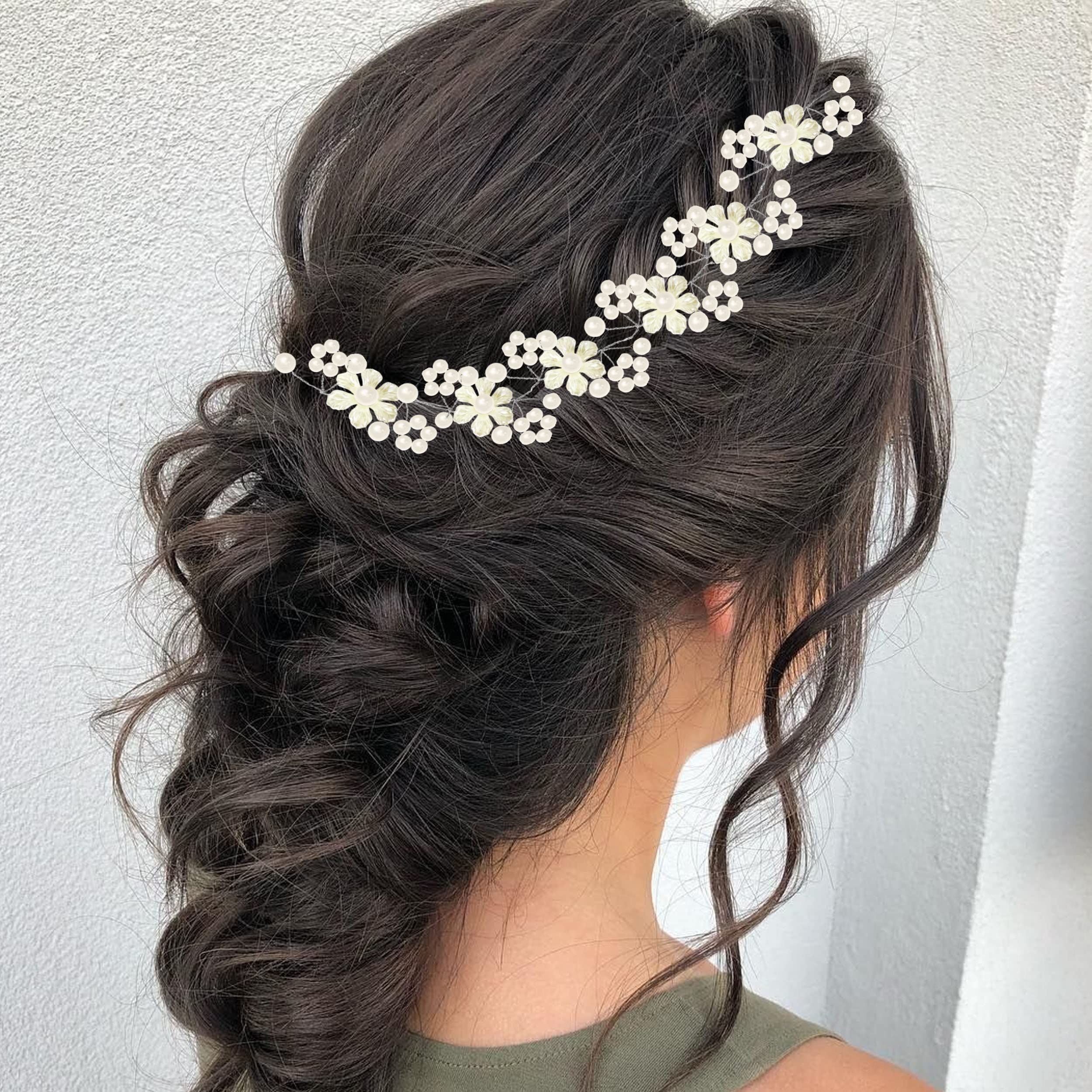 Shining Beads Bridal Tiara Hair Accessory Set - Floral Design White Fancy Hairpiece for Weddings, Salons & Special Occasions