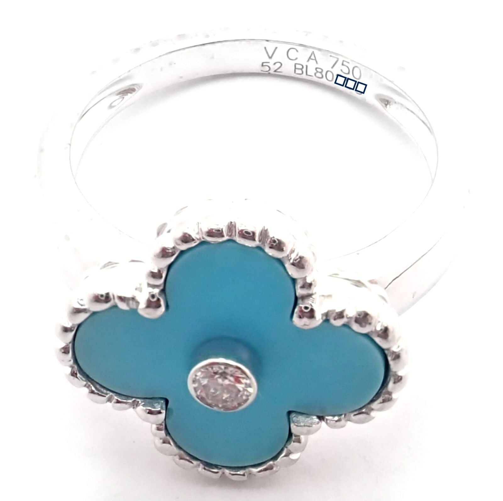 Authentic Van Cleef & Arpels Alhambra 18k White Gold Diamond Turquoise Ring - Luxury Jewelry for Weddings, Anniversaries & Special Occasions