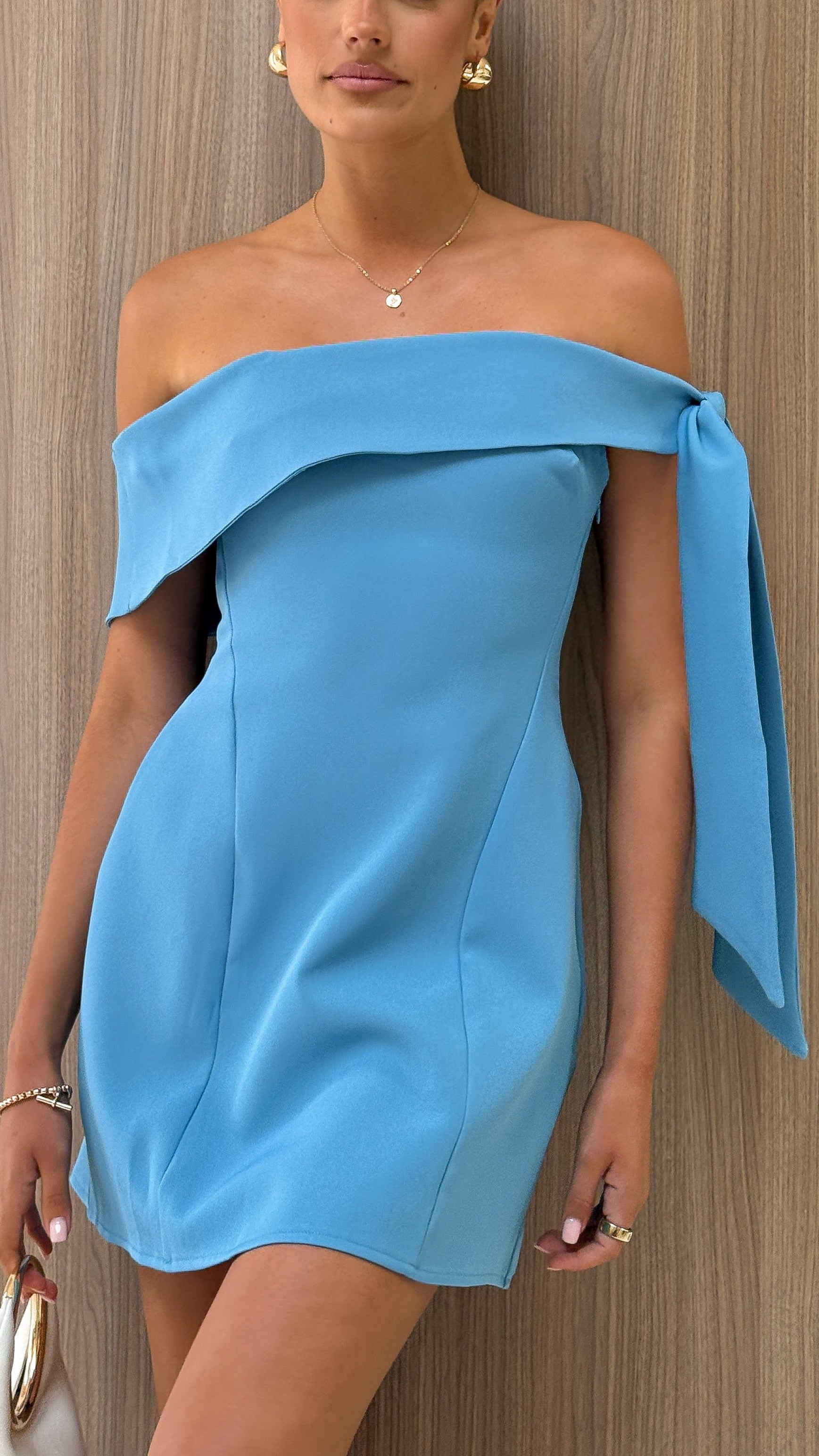 Halen Off Shoulder Mini Dress - Blue Flowy Summer Dress for Women | Perfect for Beach, Party & Date Night
