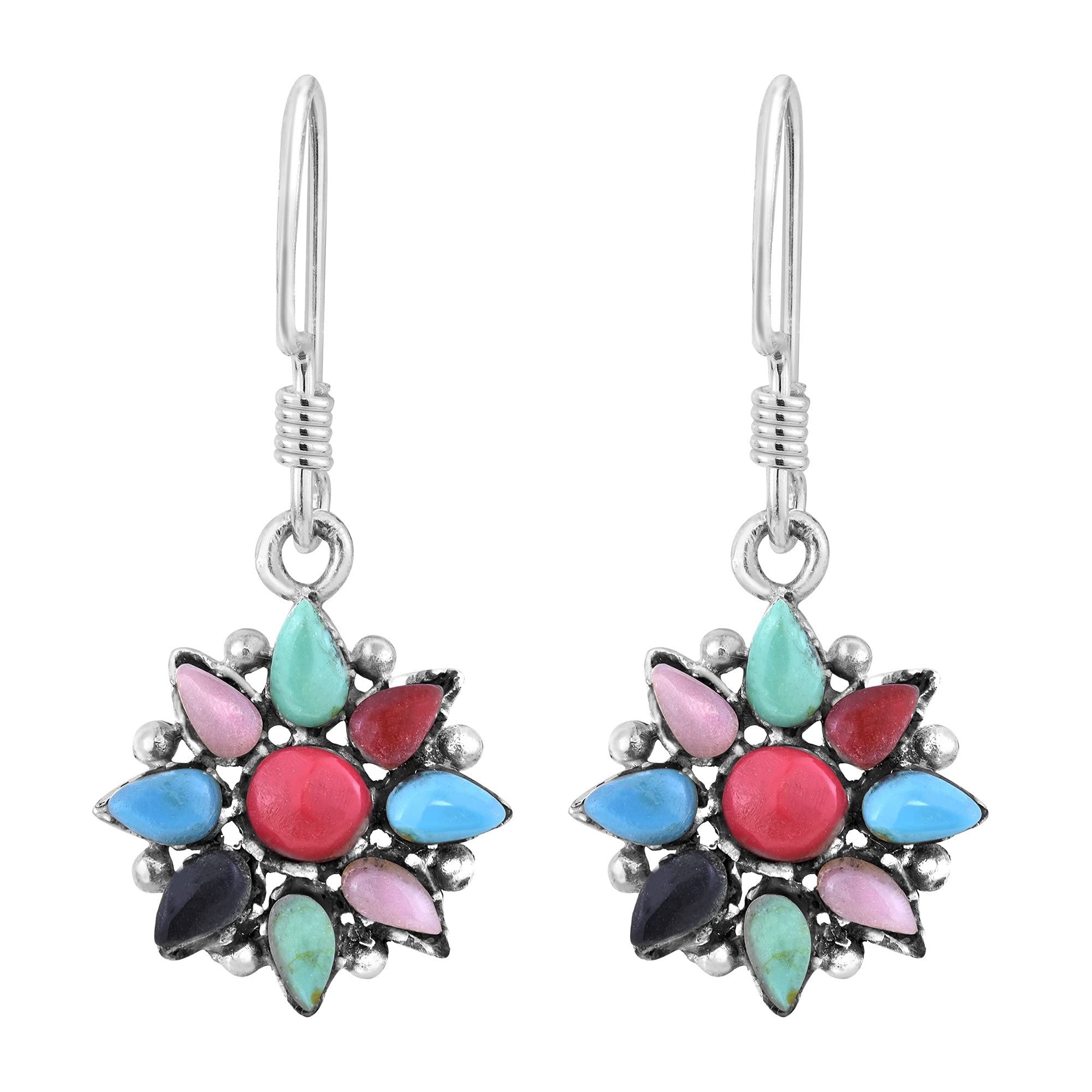 Rainbow Mandala Flower Dangle Earrings for Women - .925 Sterling Silver with Multi-Color Stone Inlay - Boho Chic Jewelry for Festival, Party & Everyday Wear