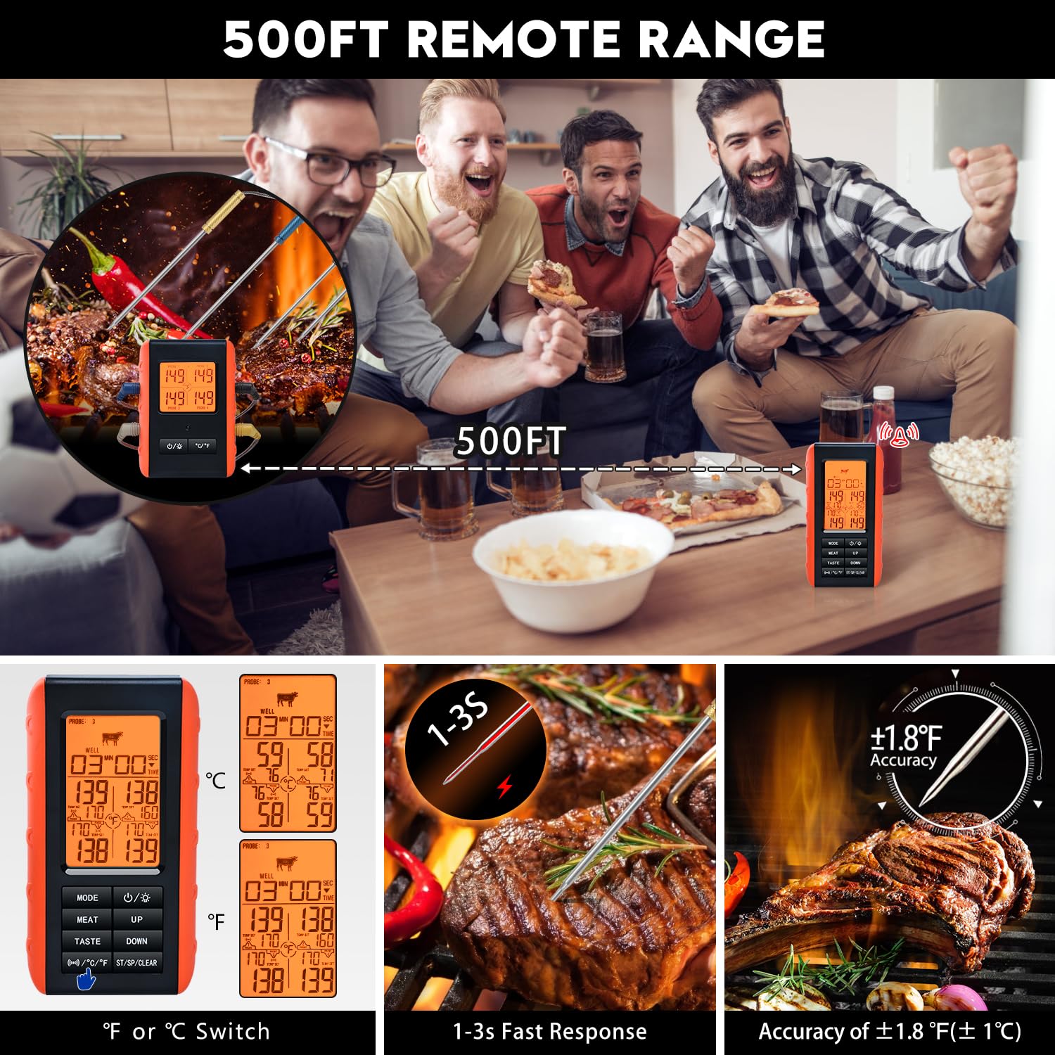 Wireless Meat Thermometer for Grilling, Smoking & BBQ - 4 Probes Digital Food Thermometer for Steak, Oven, Smoker & Outdoor Cooking | Perfect for Backyard BBQs, Camping & Kitchen Use