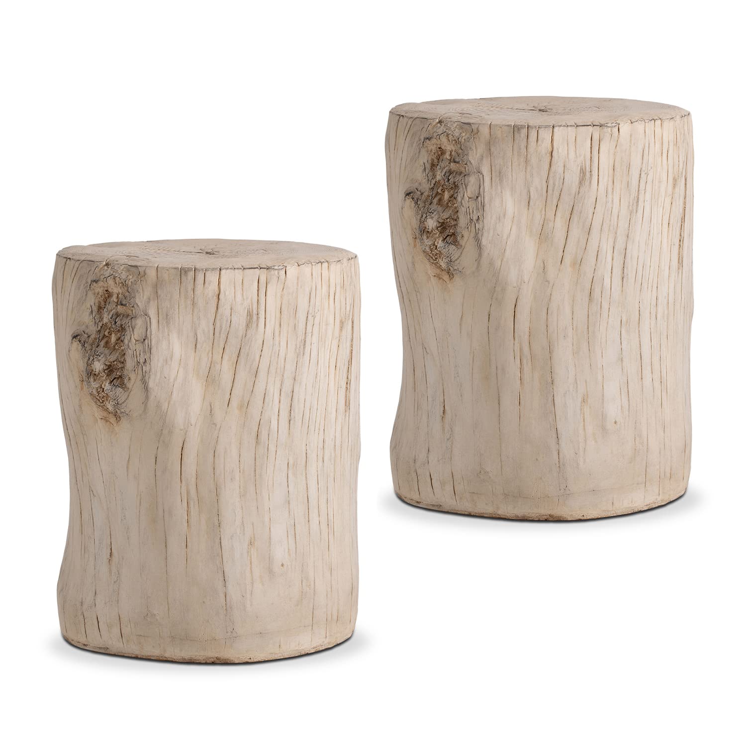 Vintage Beige Faux Wood Side Table & Stool Set - Hand-Painted Wood Stump Ottoman, Plant Stand for Outdoor Garden, Deck, Patio Furniture - Perfect for Porch Decor, Backyard Seating & Indoor Accent Pieces