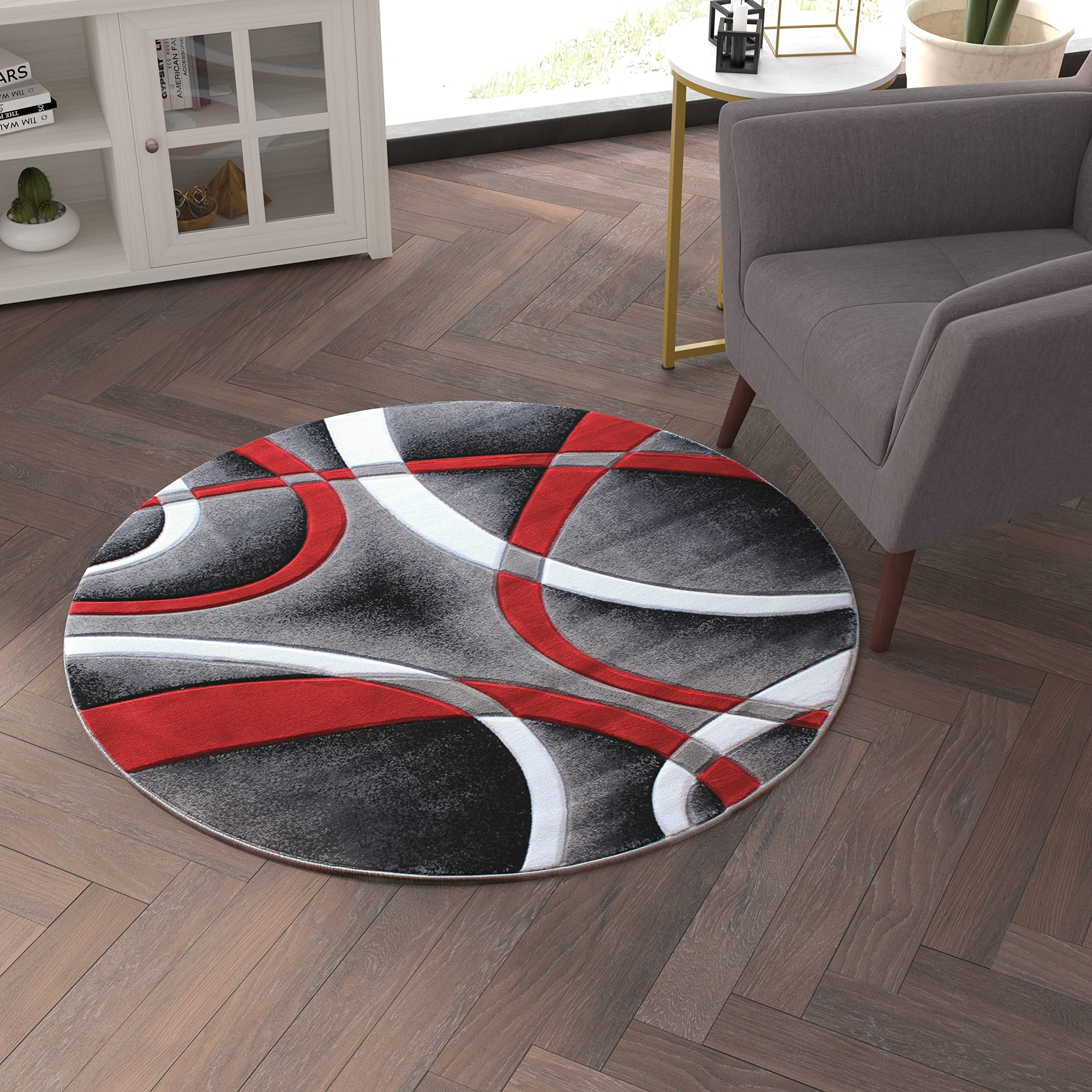 EMMA + OLIVER Cambre Olefin Accent Rug - Abstract Arch Design Round Area Rug 4x4 Feet - Ultra Soft Plush & Stain Resistant - Easy Clean Jute Backing for Living Room, Bedroom, Office Decor