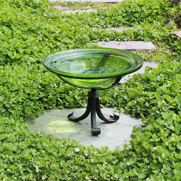 Fern Green Crackle Glass Birdbath Bowl for Garden Decor - Handmade Outdoor Bird Feeder with Crackled Texture, Perfect for Attracting Birds to Your Backyard or Patio