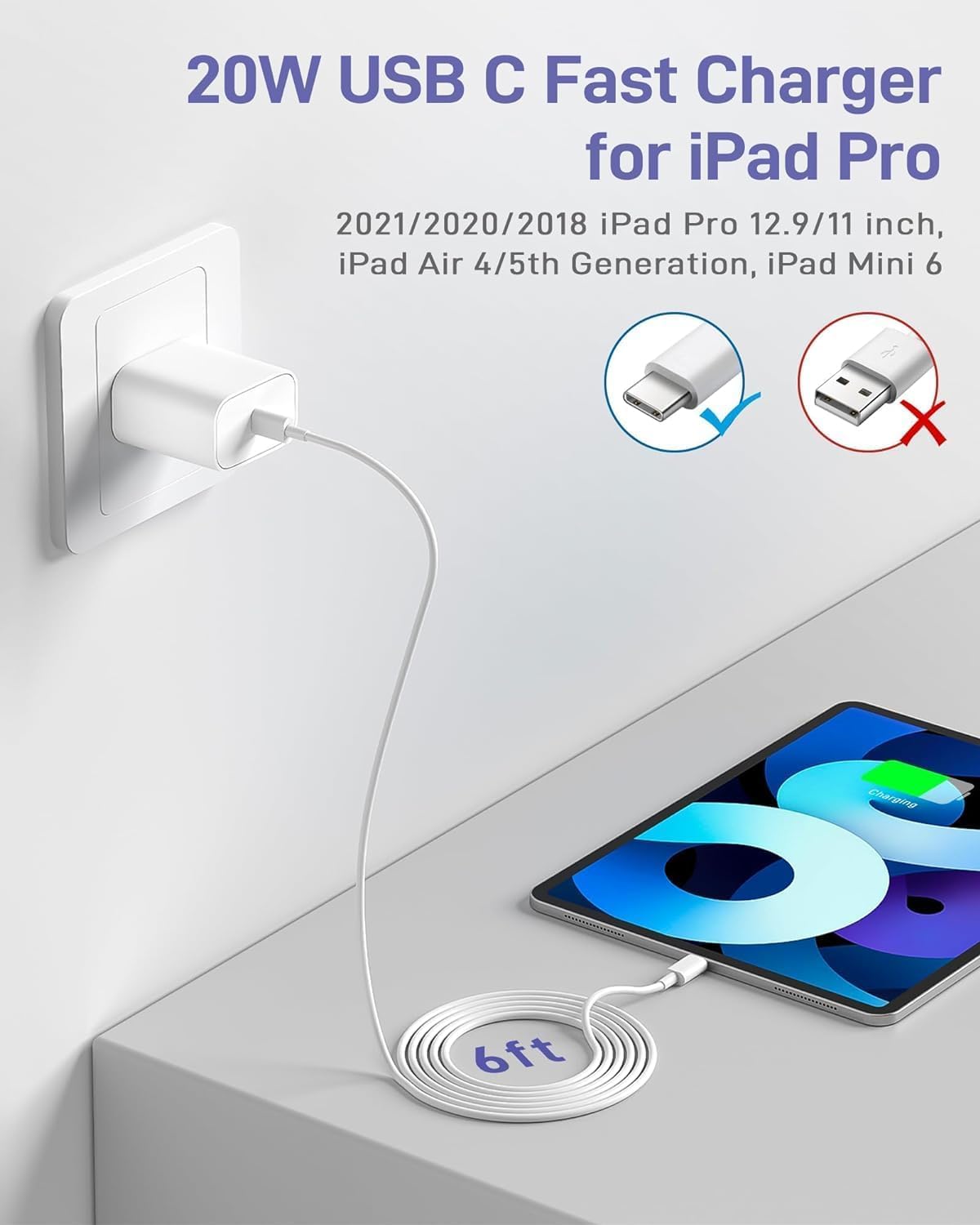 20W USB C Fast Charger 3-Pack for iPhone 16/15 Series & iPad Pro - Includes 10FT USB C to C Cable - Quick Wall Charging Block for Home, Office & Travel