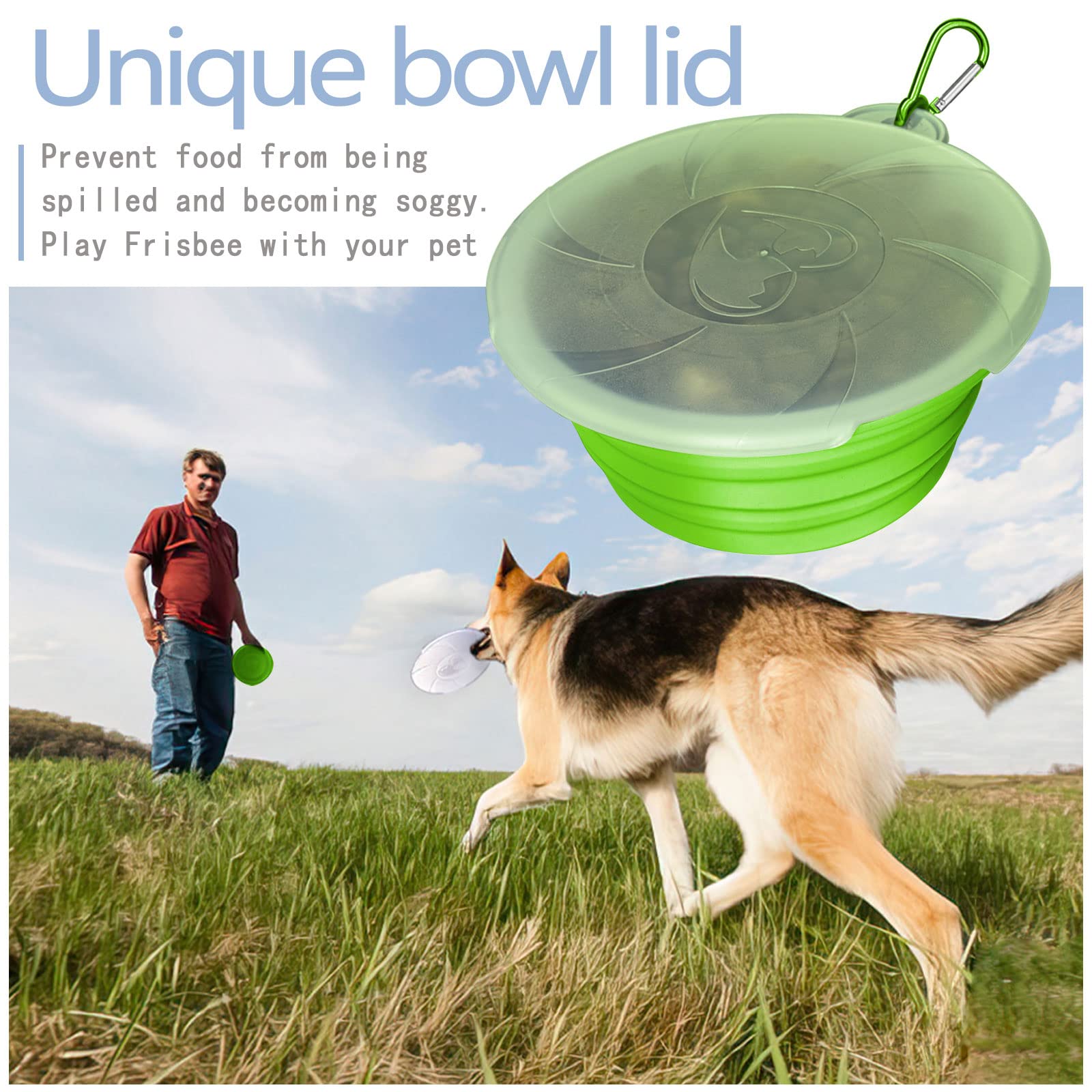 Collapsible Dog Bowl - Portable Silicone Pet Food & Water Dish with Lid & Carabiner for Dogs & Cats, 15oz Travel-Friendly Collapsible Bowl for Hiking, Camping, Travel - Perfect for Outdoor Adventures & Daily Walks (Green)