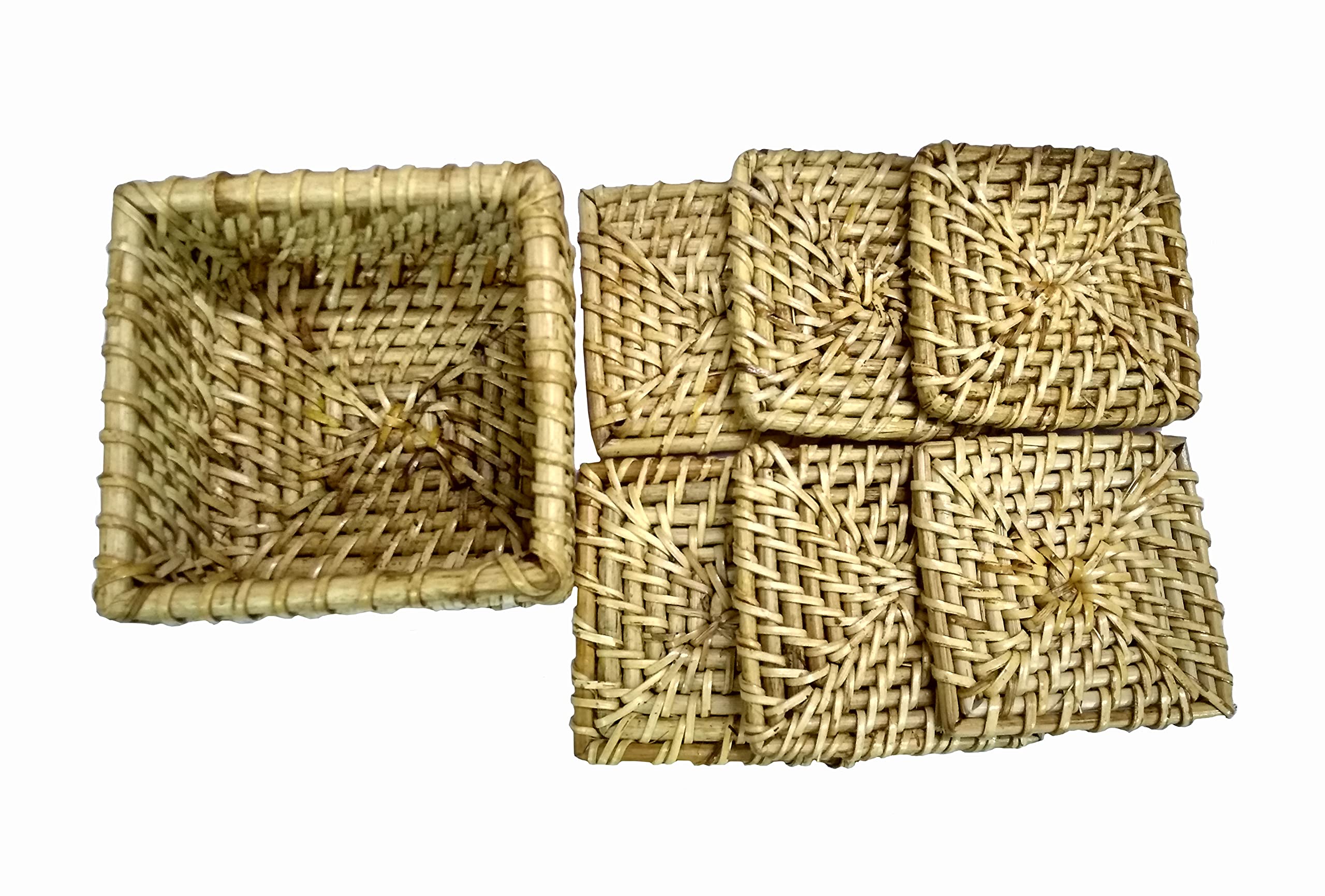 Handmade 6-Piece Natural Rattan Coasters Set - Eco-Friendly Cup & Glass Protectors, Heat-Resistant Table Mats for Hot Pots & Dishes (5 Inch) - Perfect for Dining Table, Coffee Table & Kitchen Decor (LHD-1218)