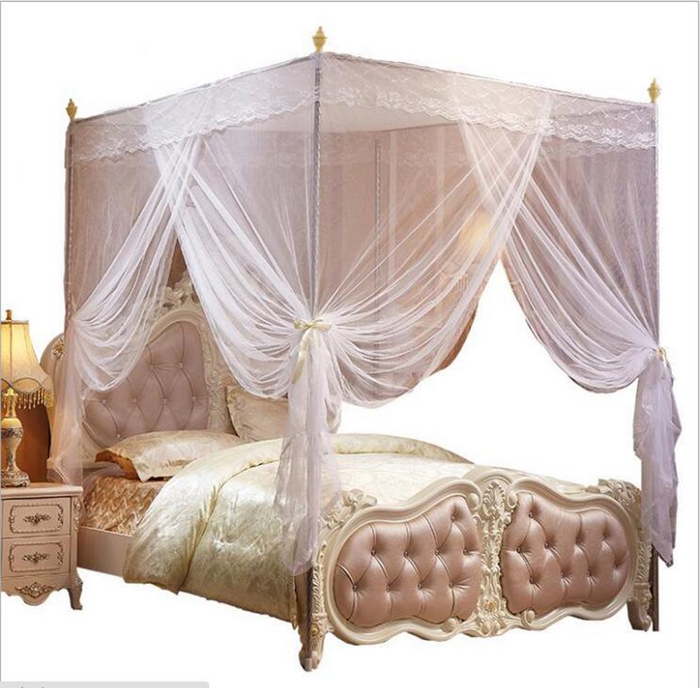 Elegant Nattey 4 Corners Canopy Bed Curtains - Princess Style Bed Netting for Girls & Adults - King Size White Bed Canopy - Perfect for Bedroom Decor, Romantic Nights & Boho Chic Style