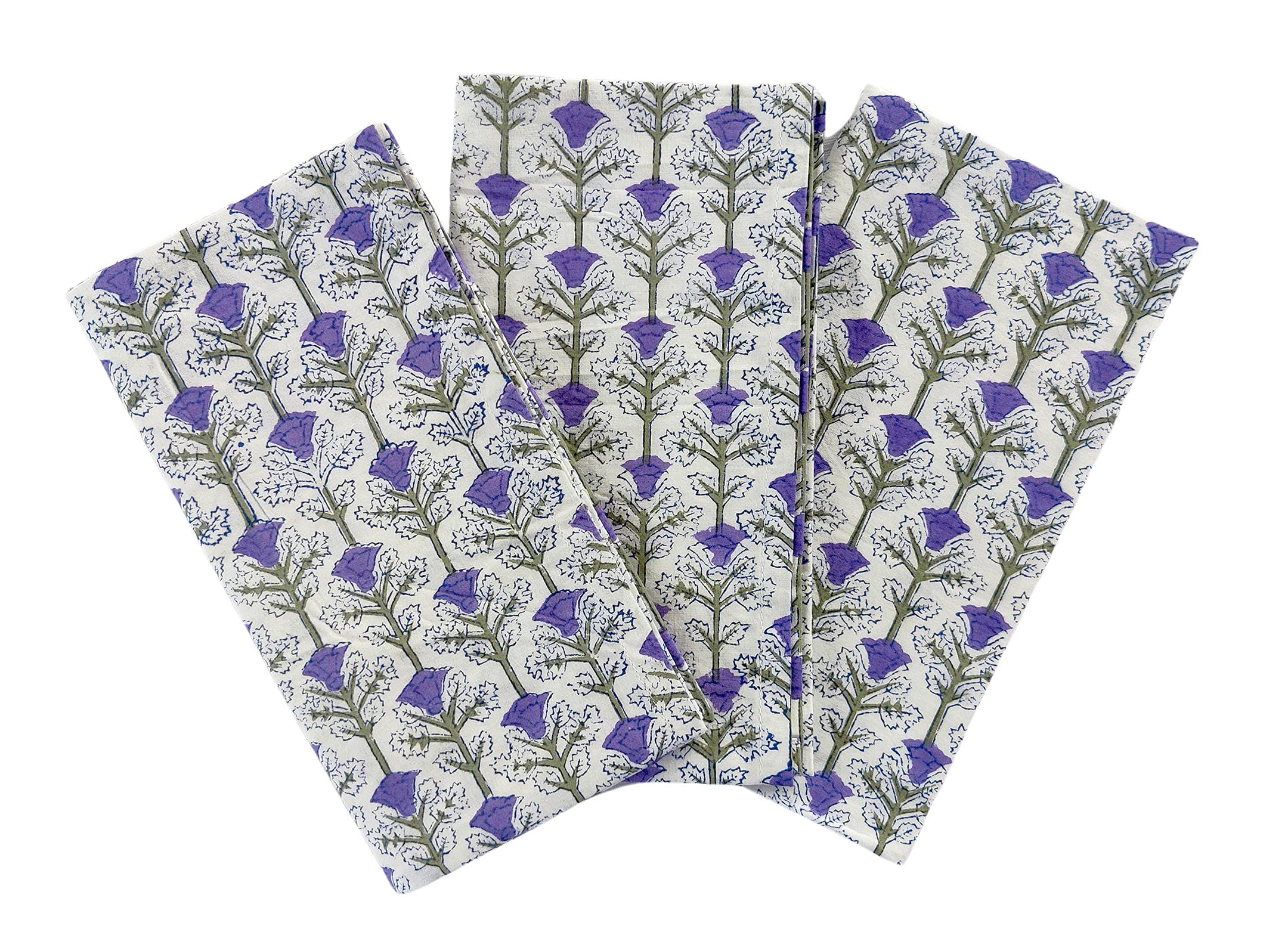 Premium 100% Cotton Decorative Kitchen Towels Set of 3 - 19x27 Inch Absorbent Dish Cloths with Indian Block Print Floral Design (Purple/White) - Perfect for Drying Dishes, Cleaning Countertops & Adding Farmhouse Charm to Your Kitchen
