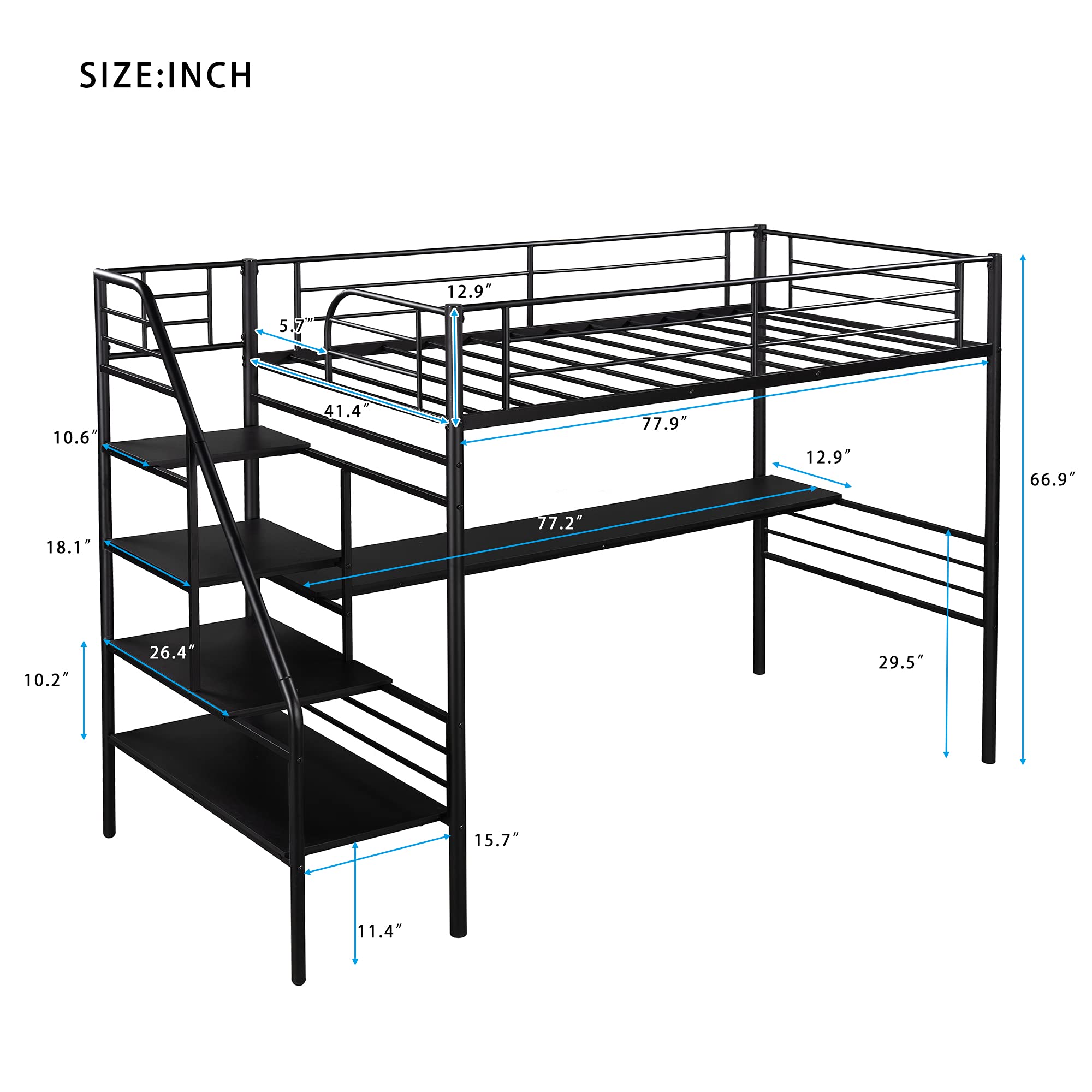 Quarte Twin Size Metal Loft Bed Frame with Built-in Desk & Ladder - Full-Length Guardrail, Space-Saving Design, No Box Spring Needed - Black | Perfect for Small Bedrooms, Dorm Rooms & Home Offices