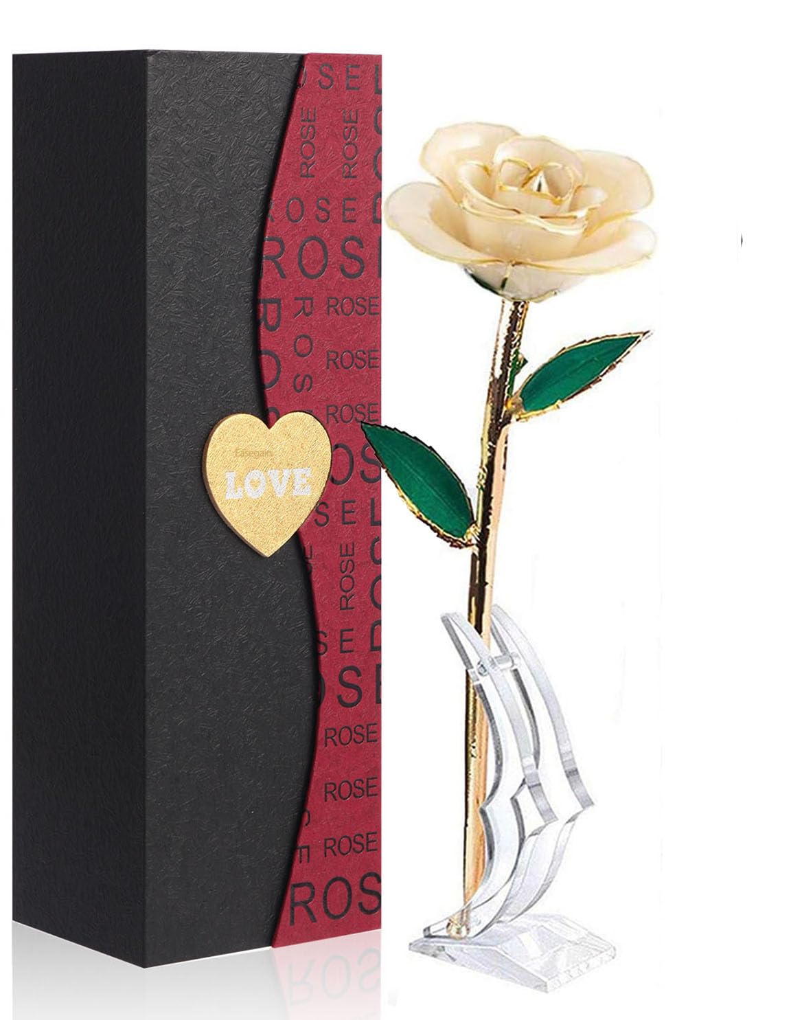 24K Gold Dipped Artificial Rose Flower with Transparent Stand & Gift Box - Long Stem White Rose for Home Decor, Wedding, Anniversary, Valentine's Day Gift for Mom, Wife, Girlfriend, Thanksgiving Present